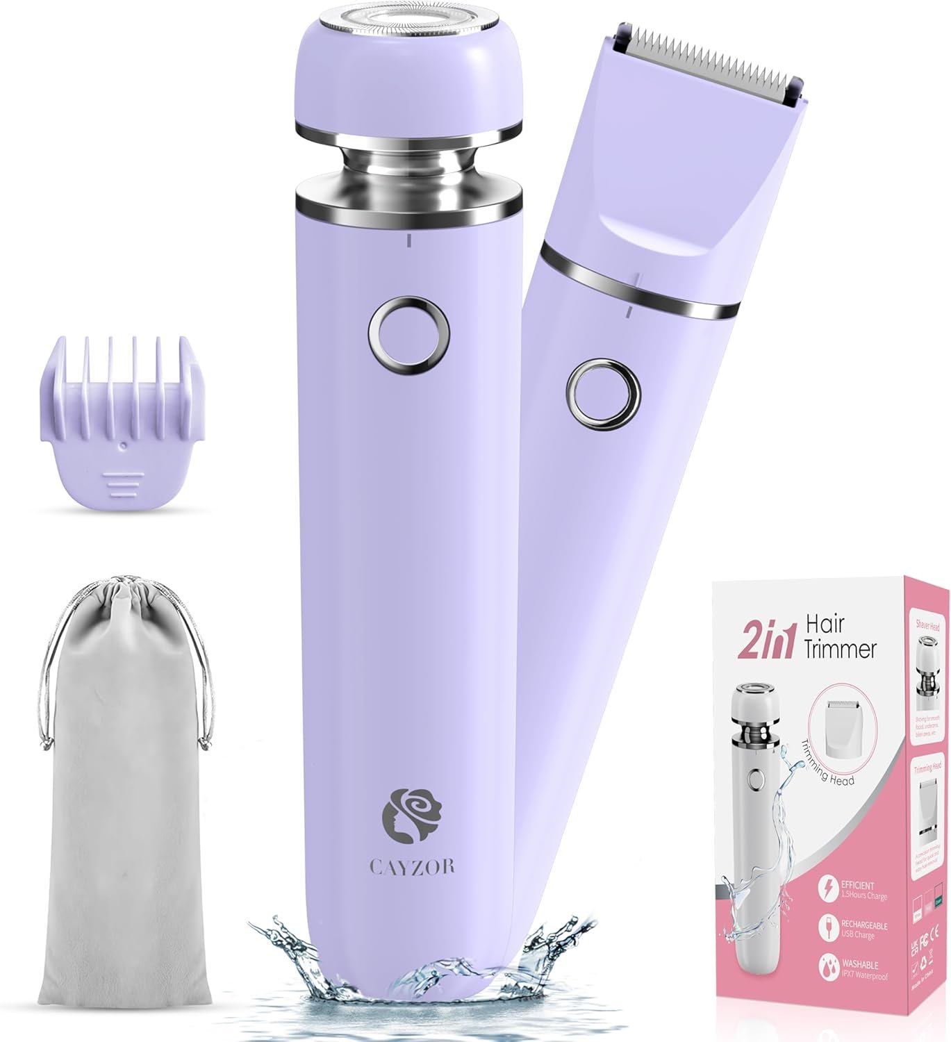 Cayzor Bikini Trimmer and Shaver Kit for Women – 2-in-1 Wet/Dry Electric Body Hair Trimmer Facial Hair Removal Cordless Waterproof Bikini Shaver Razor for Face Lip Chin Pubic Underarm Legs (Purple)