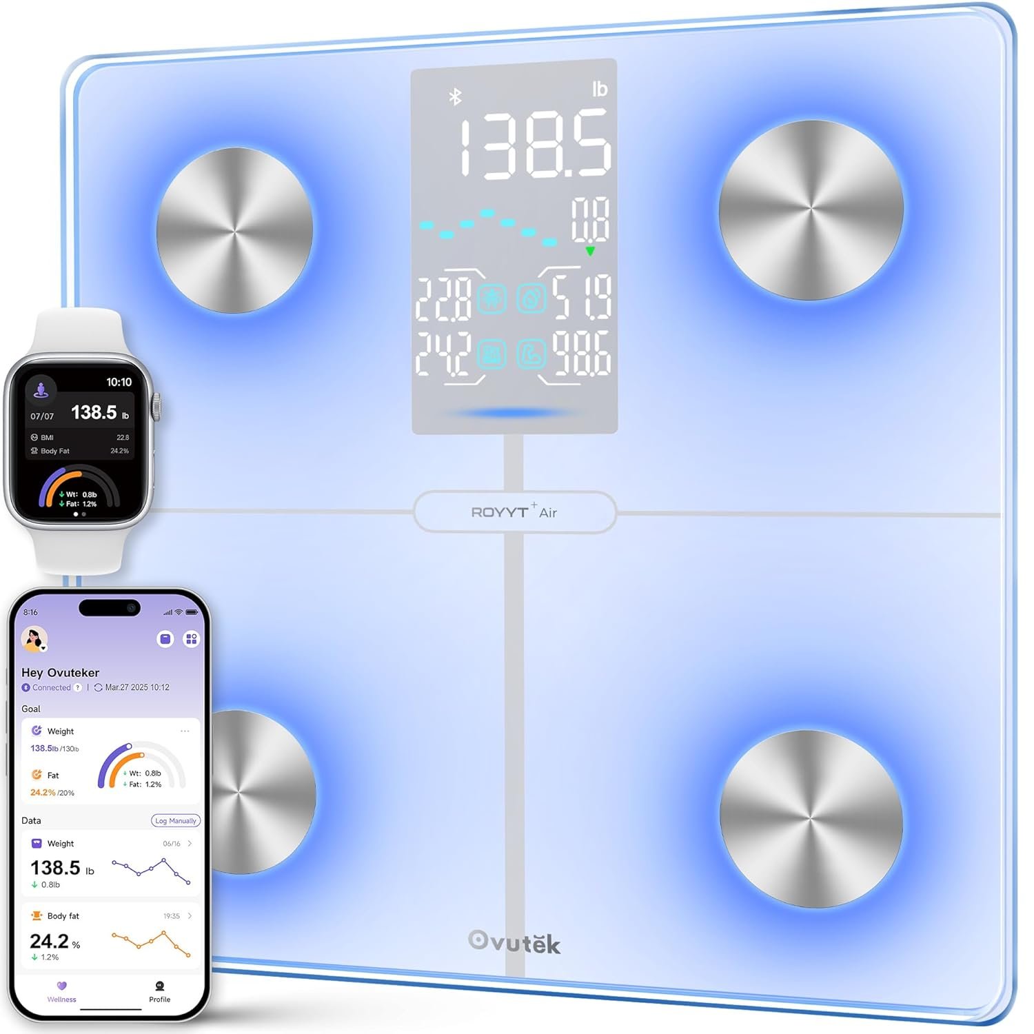 Ovutek Smart Body Fat Scale with 14 Body Composition Metrics Including BMI, Muscle Mass, Weight Bathroom Scale with Color-Changing, Fitness App – Flash White