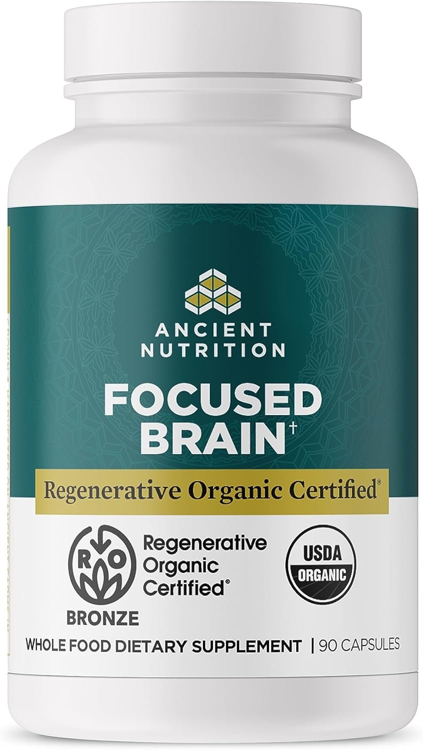 Ancient Nutrition Regenerative Organic Certified Focused Brain Capsules, Made with Ginkgo Leaf, Lion’s Mane to Help Reduce Stress, Gluten Free, Paleo and Keto Friendly, 90 Count