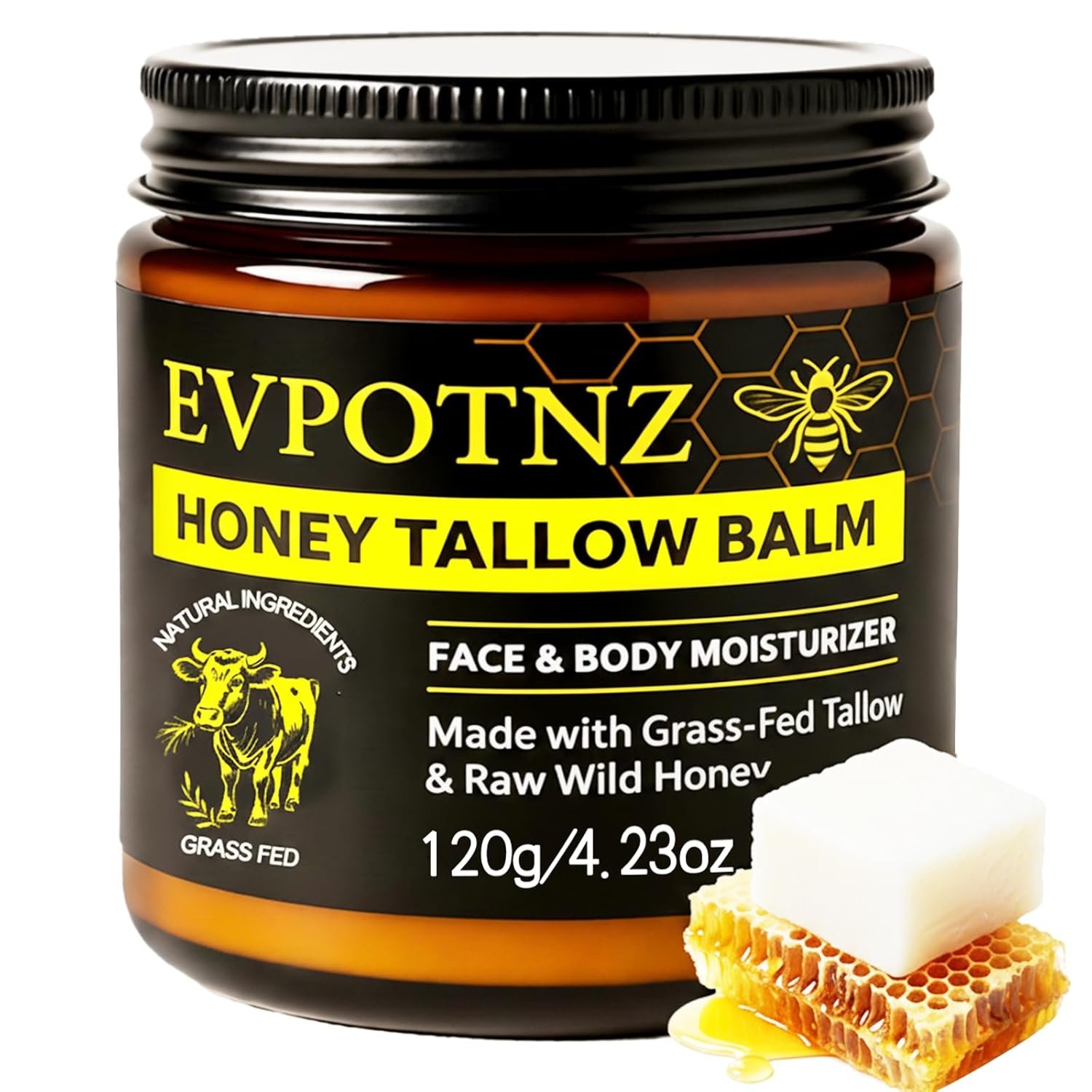 Whipped Tallow & Honey Face & Body Moisturizer, 4.23 oz XL Jar | Lightweight Daily Lotion, For Dry Sensitive Skin, Fast Absorbing, Non-Greasy Body Butter, For Women, Men & Baby