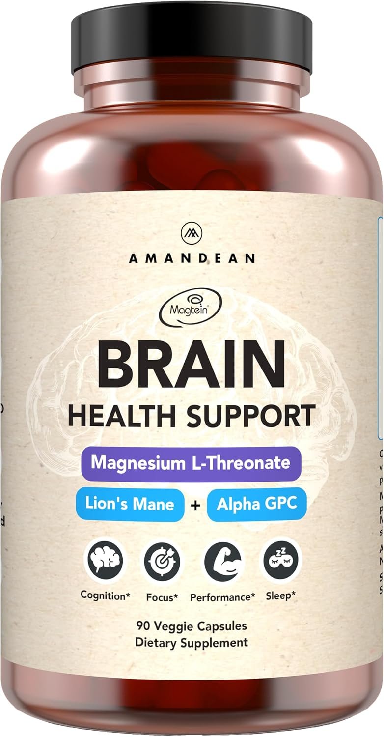 AMANDEAN Brain Supplement for Memory and Focus, Mental Clarity, Cognitive Function. Nootropic with Magnesium L-Threonate (Magtein), Lions Mane and Alpha GPC – (90 Veggie Capsules)