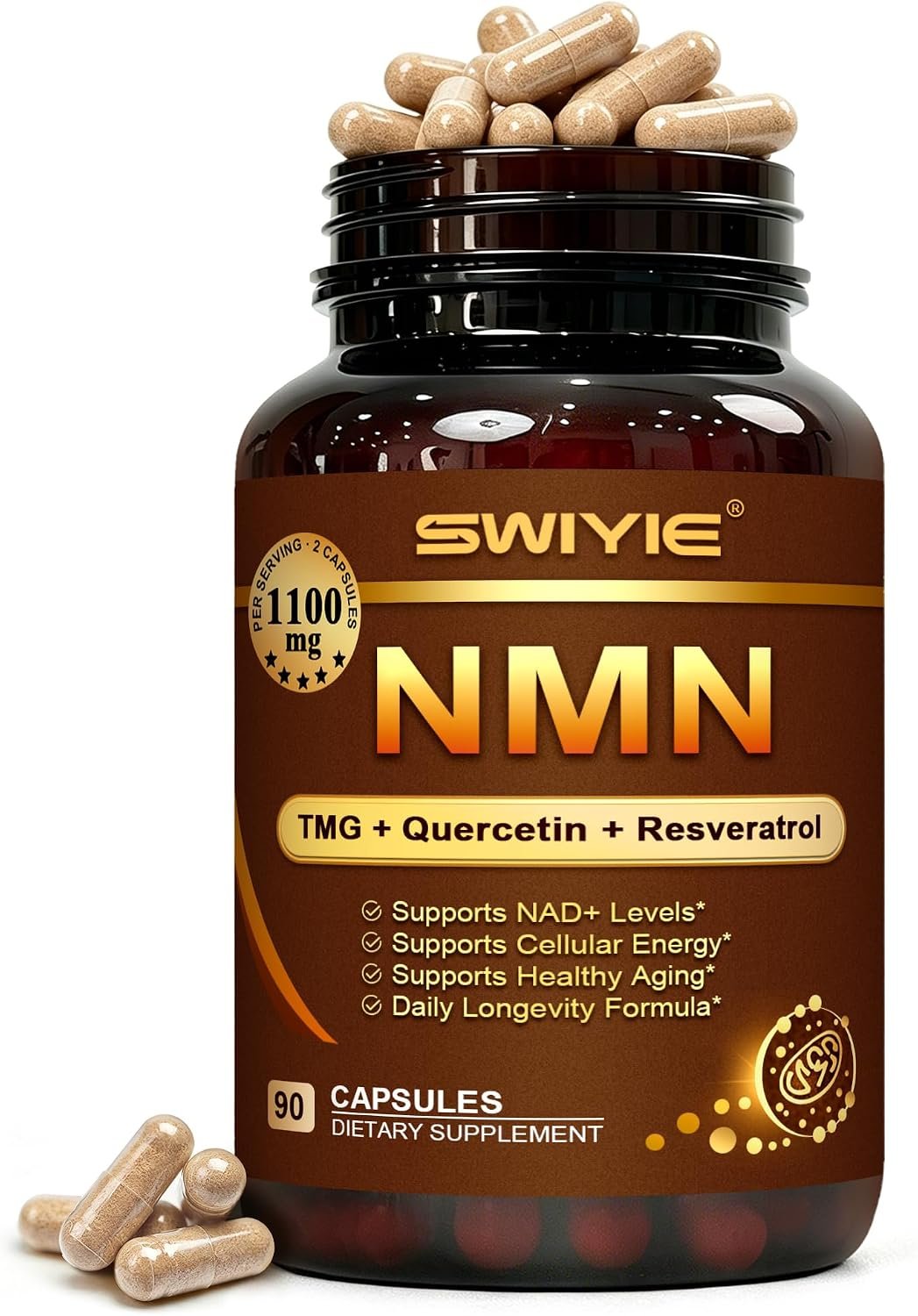 NMN NAD Supplement 1100mg,4-in-1 Enhanced with Quercetin &Resveratrol & TMG | NAD+ Support & Optimizer for Cellular Energy, Anti-Aging,90 Capsules,Dietary Supplement