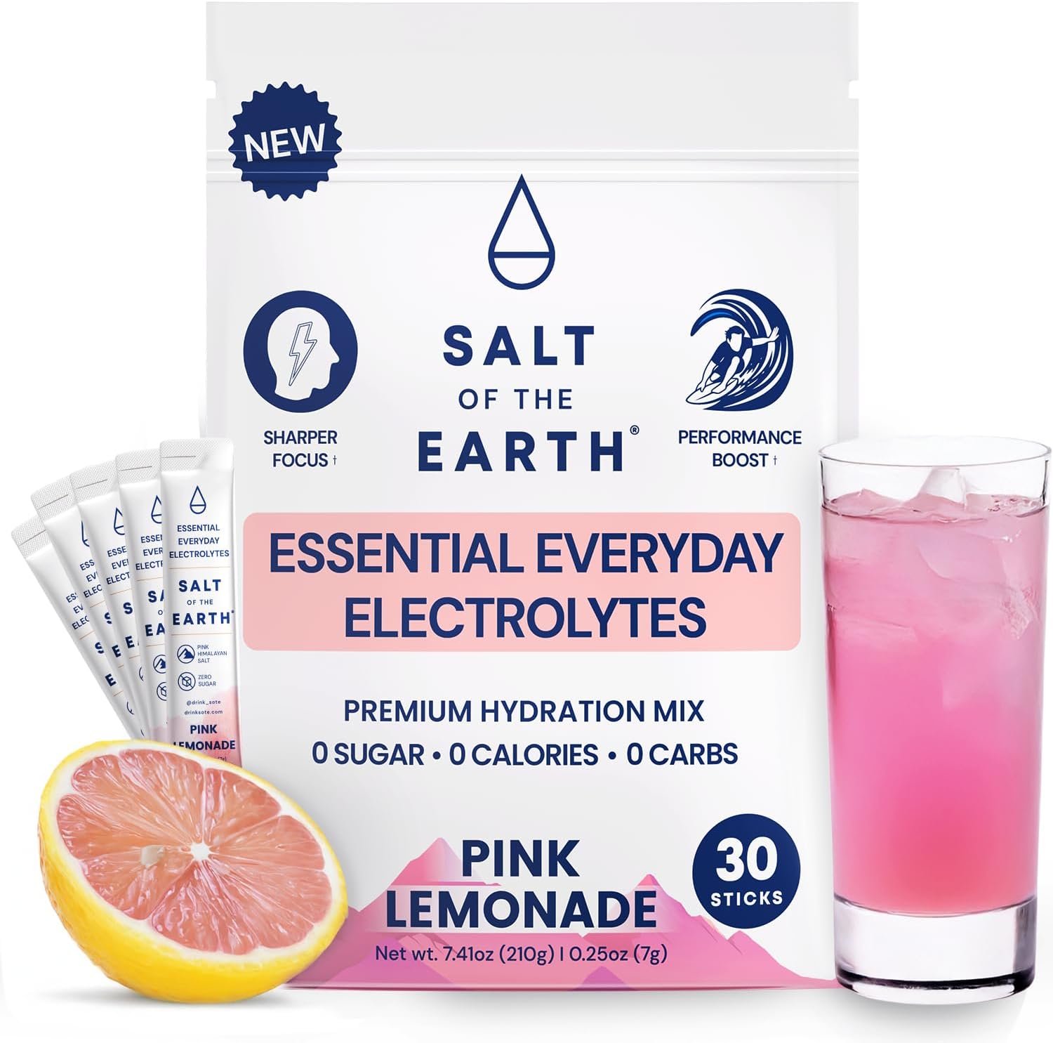 Salt of the Earth Premium Zero-Sugar Electrolyte – Made with Pink Himalayan Salt – Hydration Powder Packets | Premium Ingredients | Keto & Paleo Friendly | 30 Sticks, Pink Lemonade