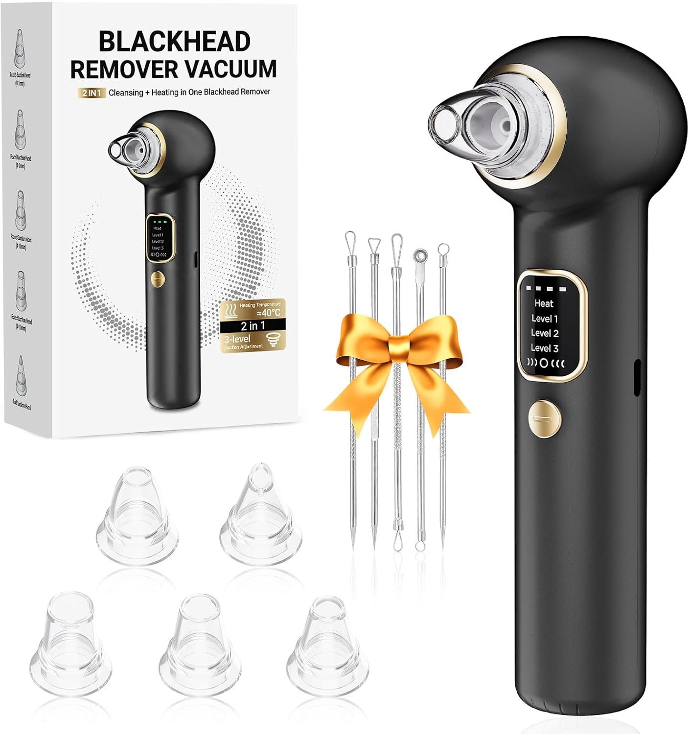 Blackhead Remover Pore Vacuum with Heating – Blackhead Extractor with 3 Adjustable Suction Levels, 5 Probes – Blackhead Remover Tools for Women & Men (Matte Black)