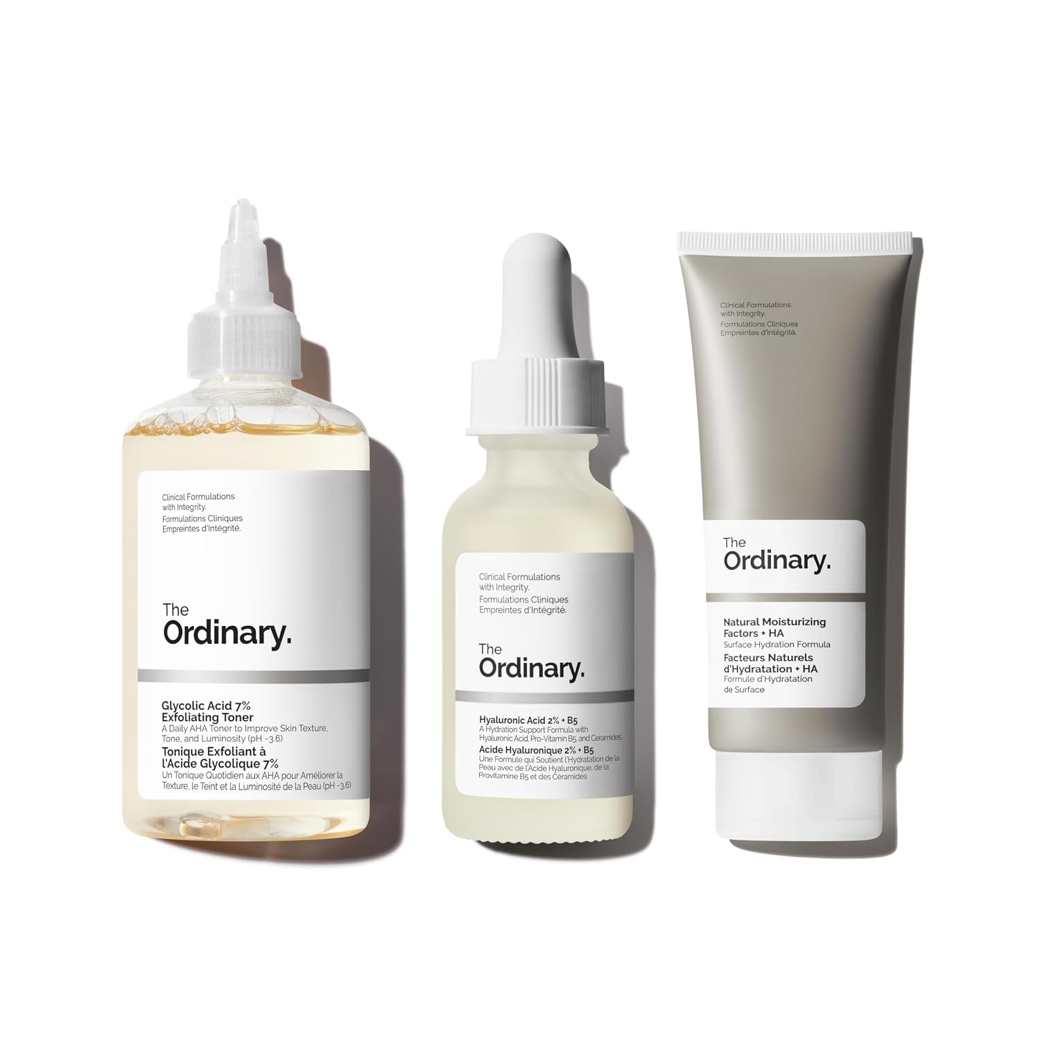The Ordinary Favorites Collection For Luminous, Hydrated Skin – Skin Care Bundle Set -Glycolic Acid 7% Exfoliating Toner 8.1, Hyaluronic Acid 2% + B5, Natural Moisturizing Factors + HA