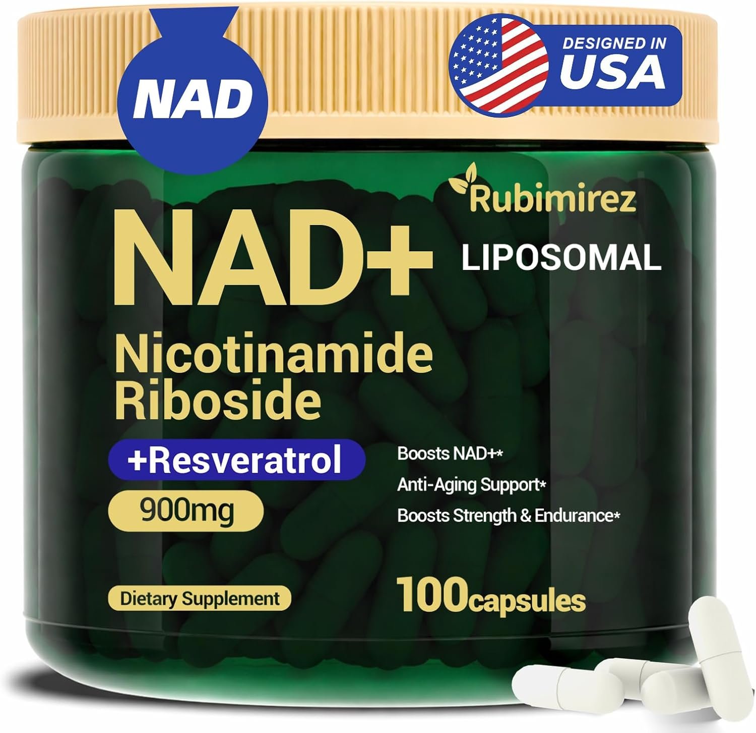 NAD+ Supplement with, Nicotinamide Riboside & Resveratrol 900mg – Anti-Aging Support for Women & Men, NMN Alternative, Vegan Non-GMO – 100 Capsules