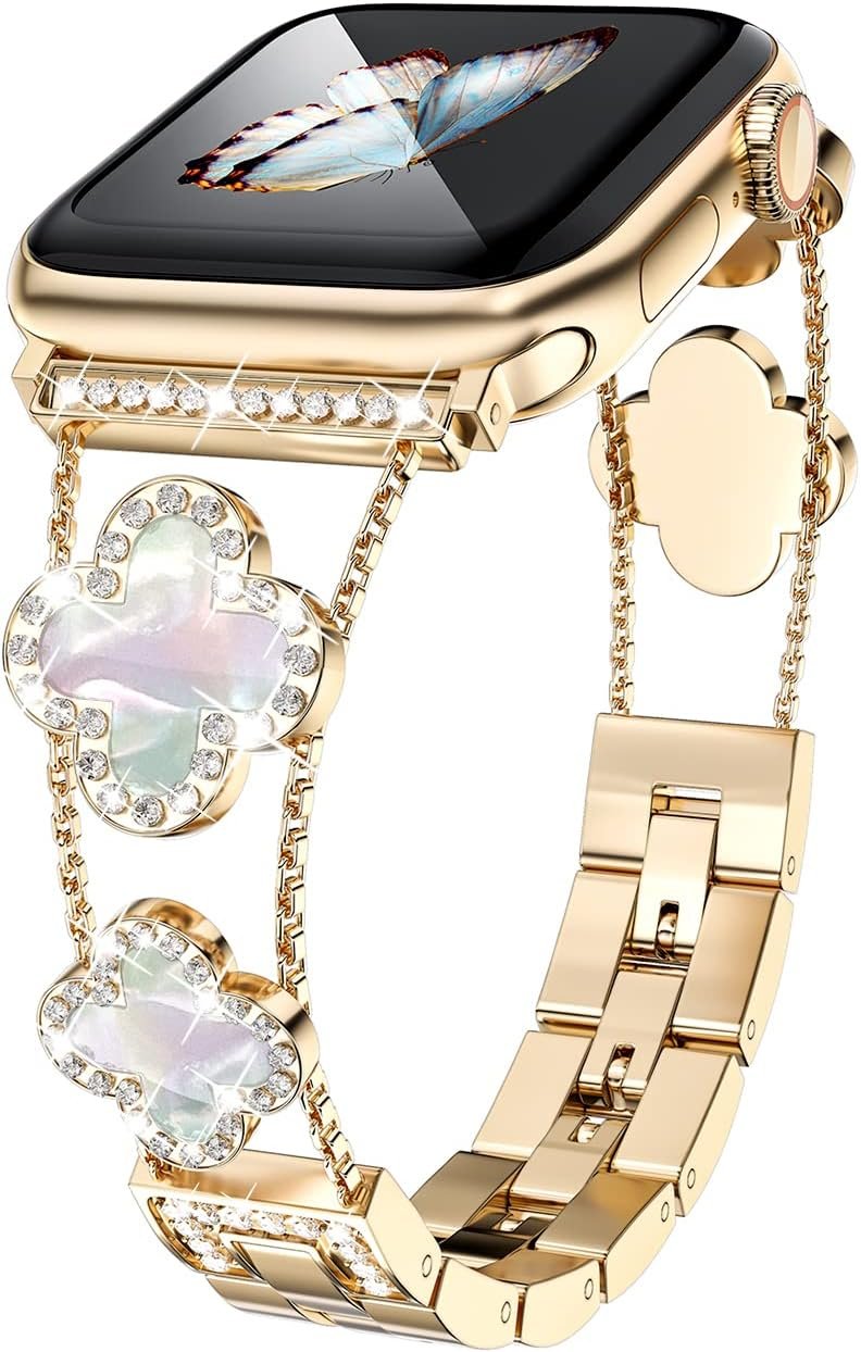 Musk-MSKR Diamond Metal Bands Add Sparkle to Your Watch For Apple Watch Series 11/10/9/8/7/6/5/4/3/2/SE/Ultra Clover Simple and Stylish Compatible with 38mm40mm41mm42mm44mm45mm 46mm49mm Women’s Wear