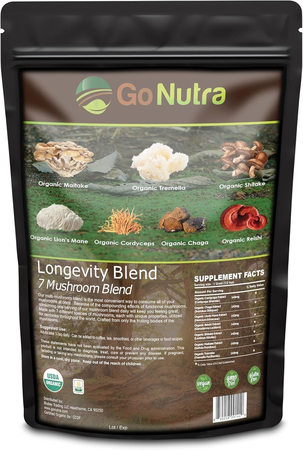 Go Nutra – Organic 7 Mushroom Supplement, Longevity Mushroom Powder with Lion’s Mane, Chaga, Shiitake, Maitake, Reishi, Tremella, and Cordyceps Mushroom, Non-GMO, Gluten-Free, Vegan, 8 oz