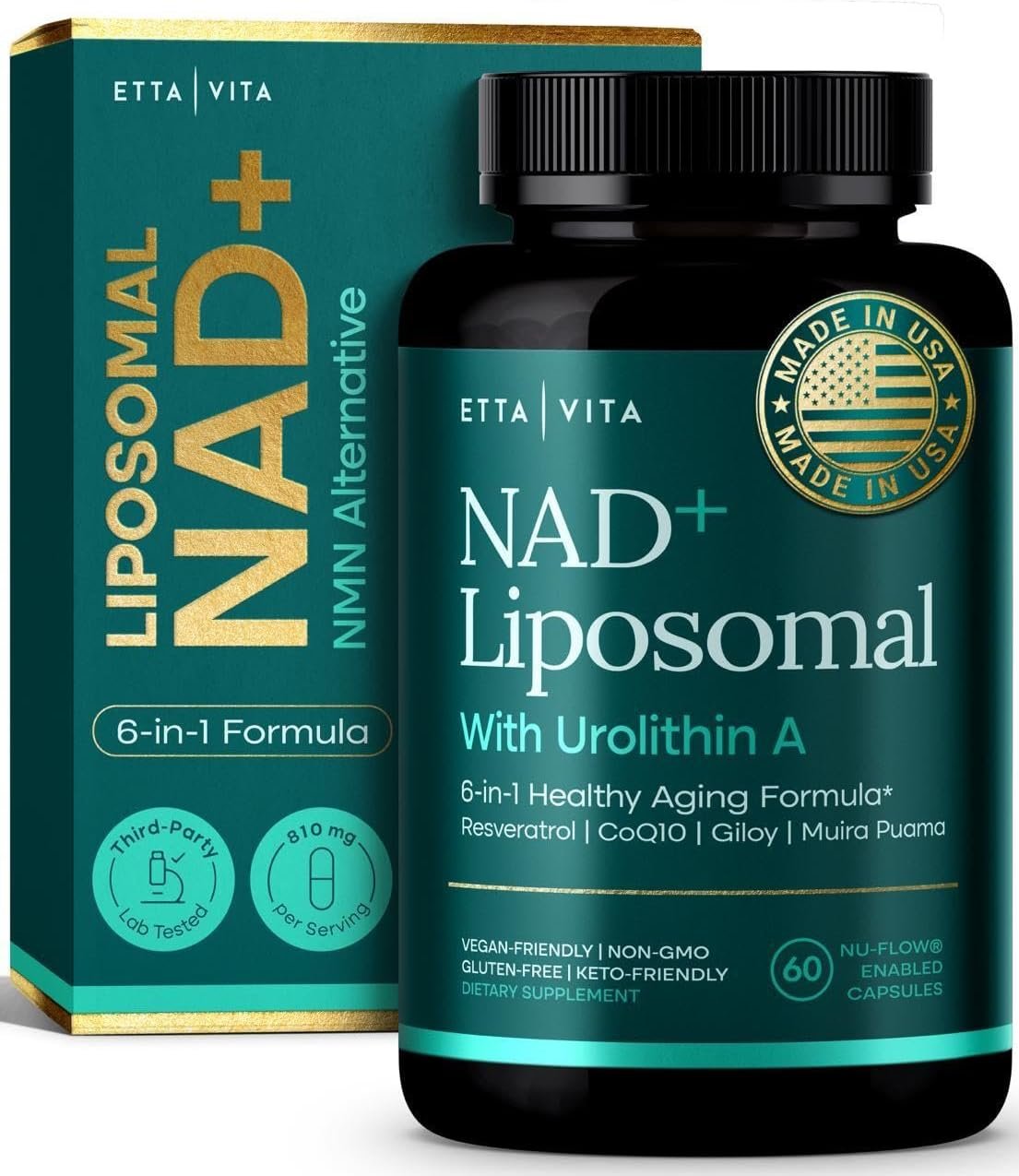 Liposomal NAD+ Supplement – Resveratrol, Urolithin A, CoQ10 & Giloy (Made & Tested in USA) NAD Supplement for Natural Energy, Brain Fog, Digestion, Detox, Gut Health, Microbiome, NR NMN Replacement