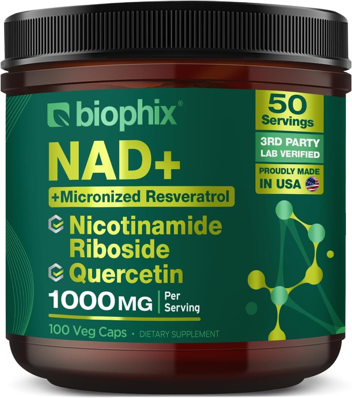 biophix NAD+ Liposomal Supplement for Women & Men – 1000 mg per Serving – Nicotinamide Riboside, Micronized Resveratrol & Quercetin Complex – 100 Veg Capsules – Non-GMO, Gluten-Free, cGMP Certified