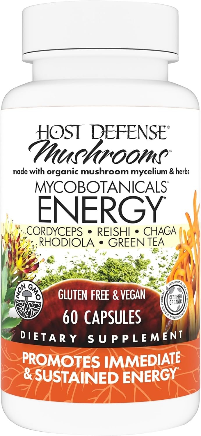 Host Defense MycoBotanicals Energy* Capsules – Energy & Respiratory Support Supplement – Herbal Green Tea Capsules – Respiratory Supplement with Cordyceps, Reishi & Chaga – 60 Capsules (30 Servings)