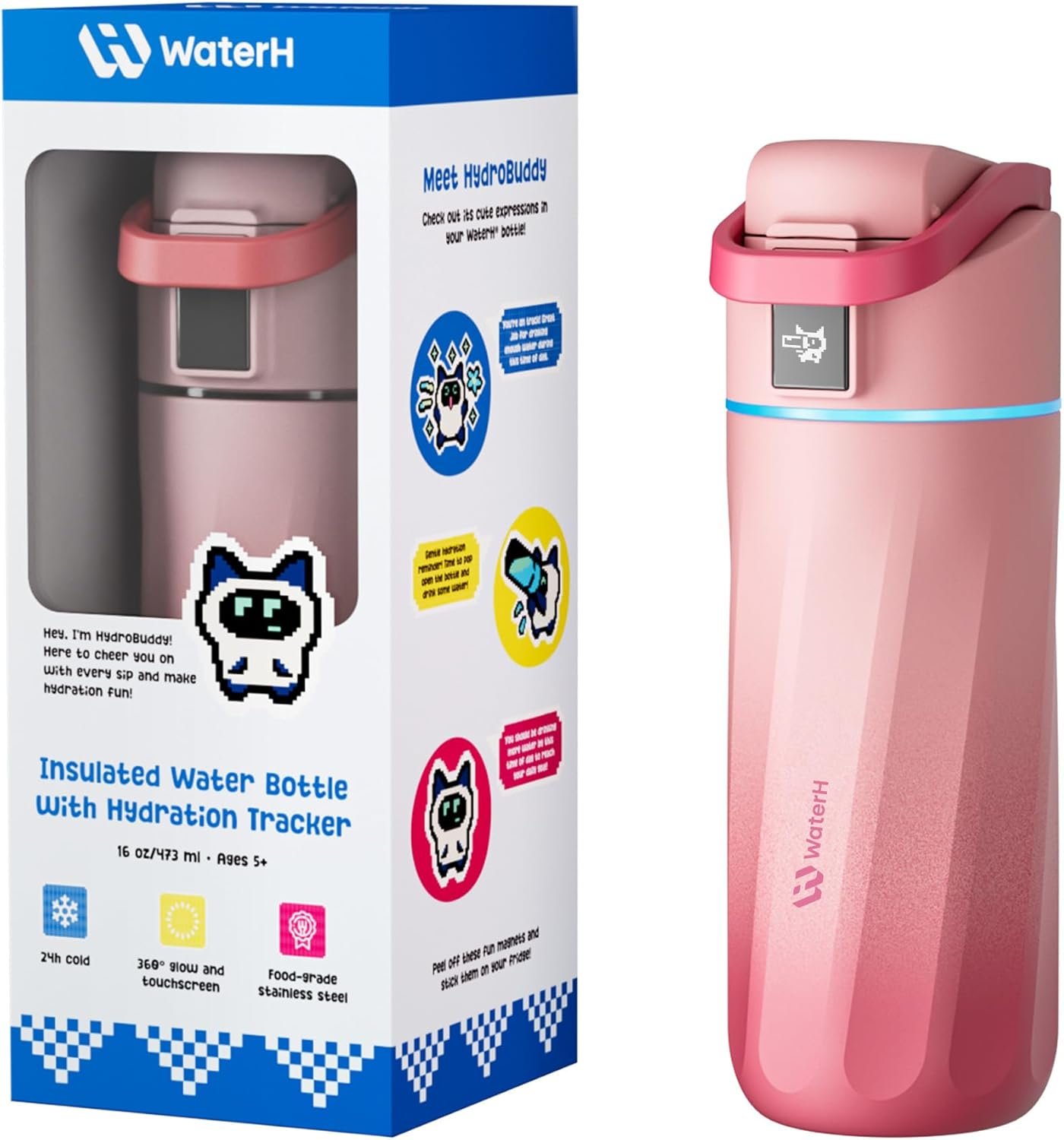 BOOST Smart Water Bottle with Reminder & Tracker, 16oz Kids Water Bottle for School, DIY Refrigerator Magnets, BPA-Free Vacuum Insulated Stainless Steel, Ideal for Travel, Camping