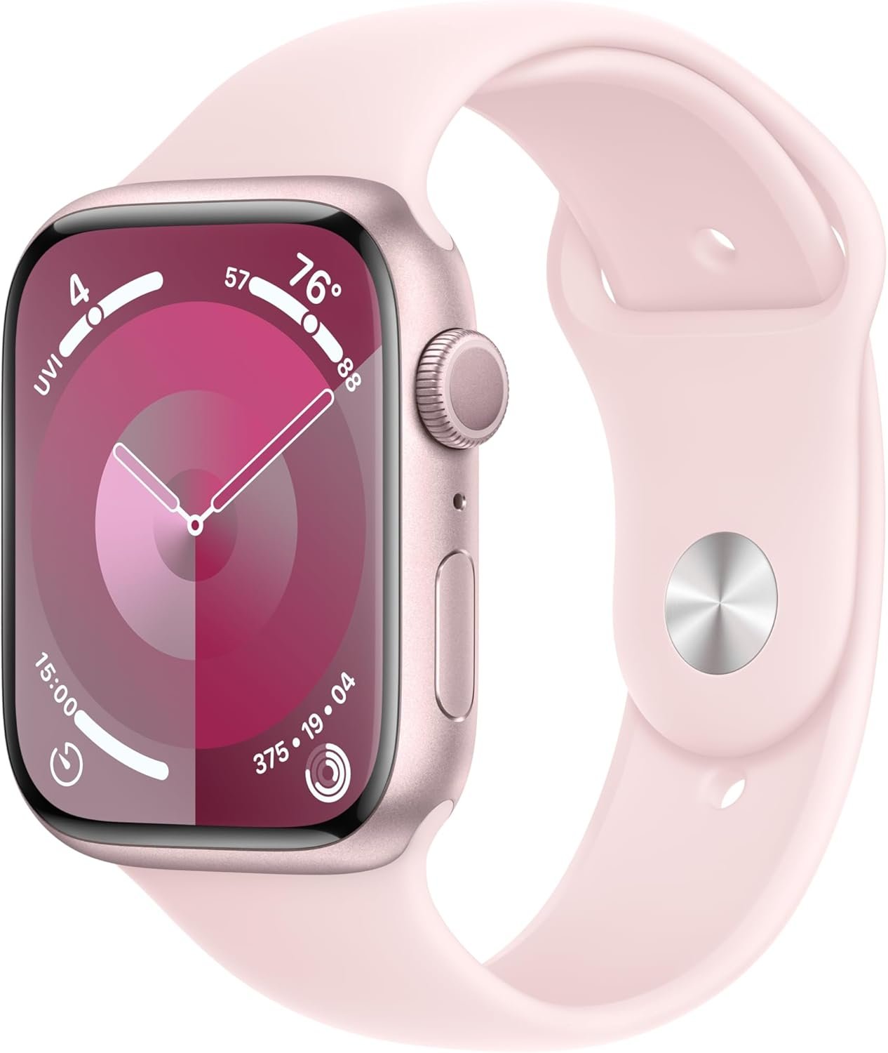 Apple Watch Series 9 [GPS, 45mm] – Pink Aluminum Case with Pink Sport Band, S/M (Renewed)