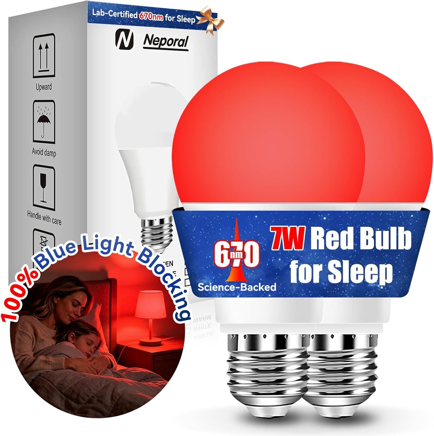 Neporal 670nm Red Light Bulb for Sleep, 100% Blue Light Blocking Bulb for Melatonin Promote, A19 7W 50W Deep Red LED Light Bulb for Lamp, Sleep, Read, Baby Nursery, 2Pack (White When Off, Red When on)