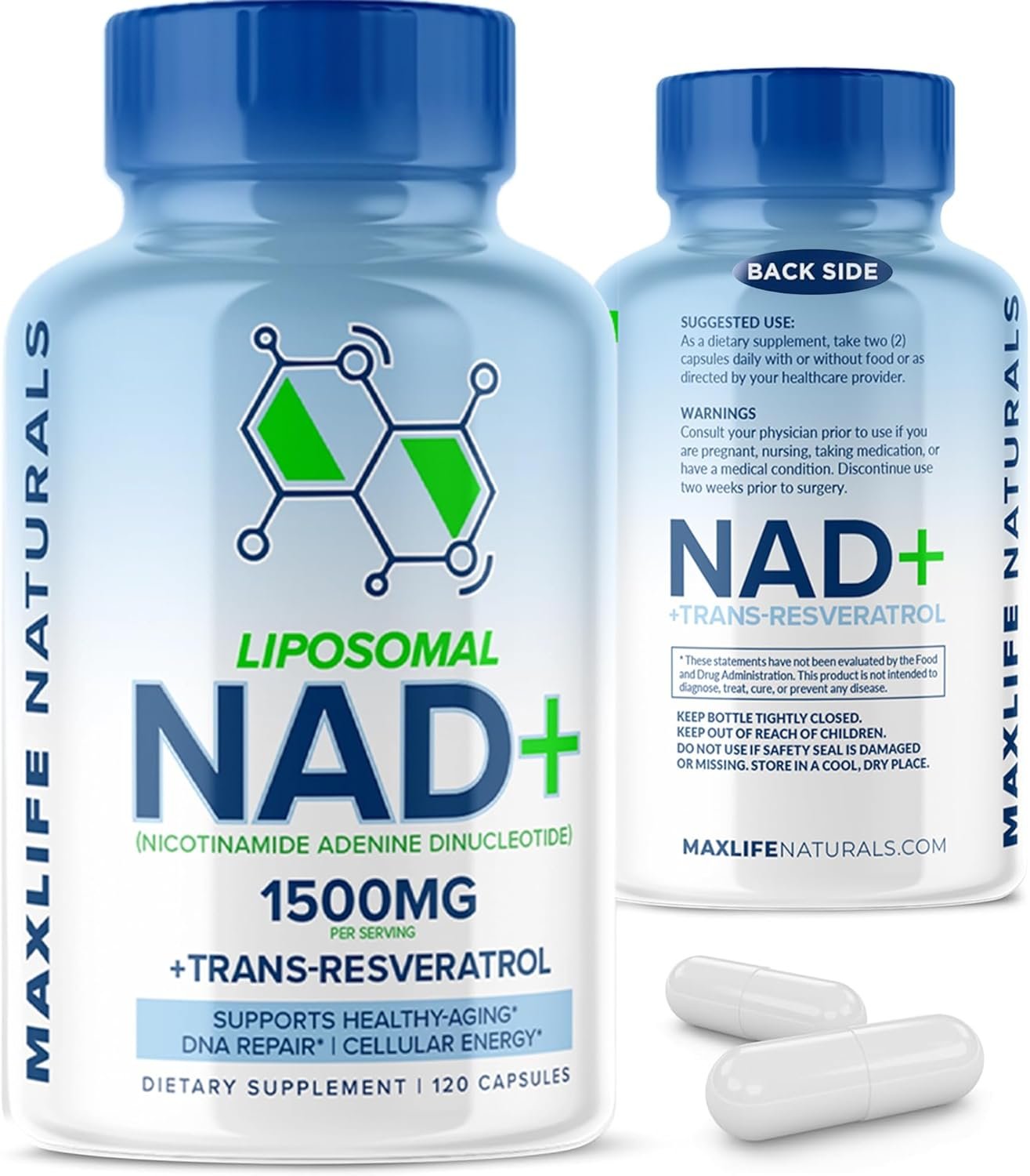 MaxLife Naturals Liposomal NAD+ Supplement 1500mg with Trans-Resveratrol – 120 Capsules NAD+ Resveratrol Supplement for Men & Women, NMN Alternative, Supports Cellular Energy & Anti Aging, Made in USA