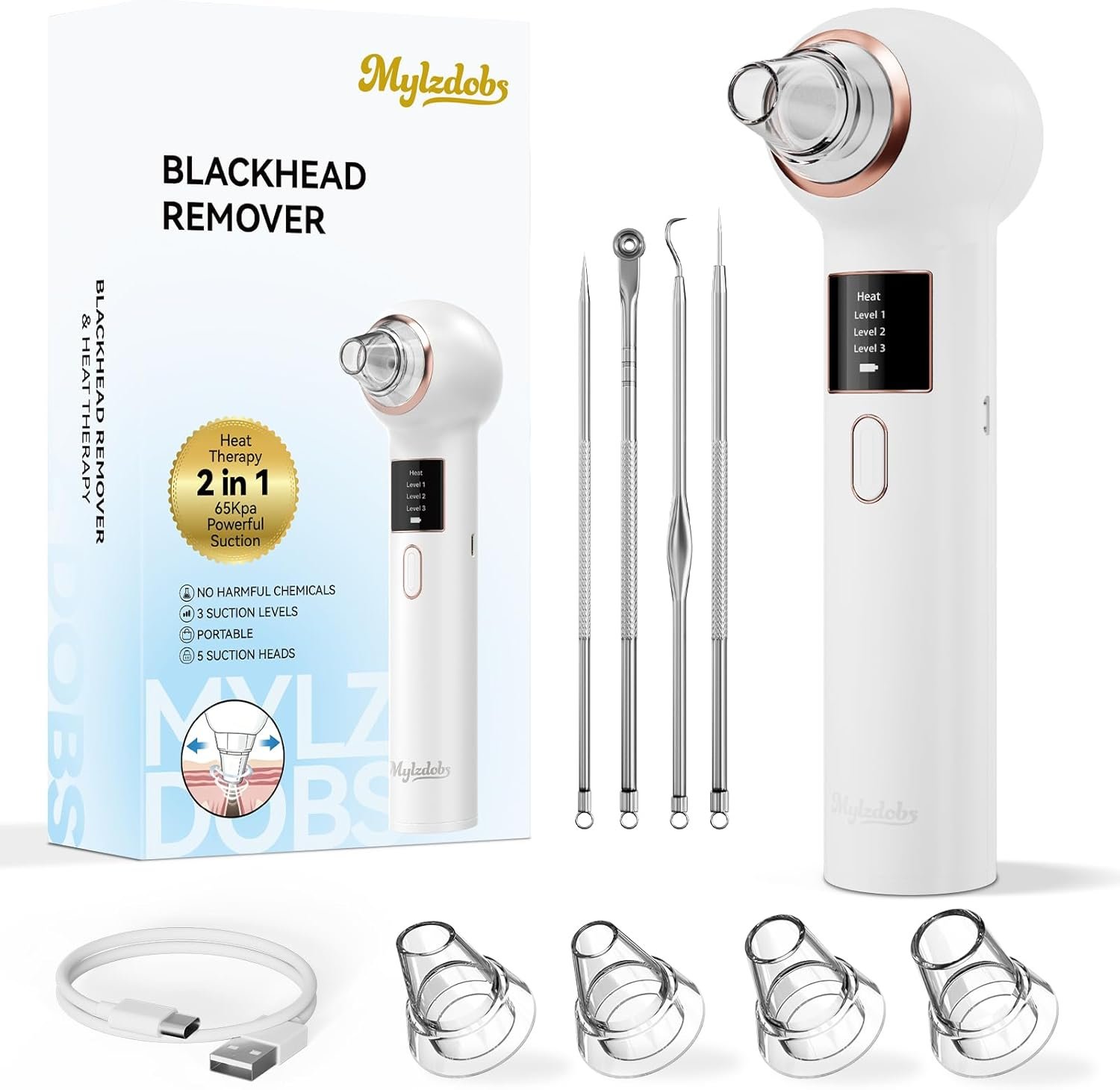 Blackhead Remover 3+1 Suction Modes Facial Pore Vacuum Cleaner (White) | USB Rechargeable Black Head Remover for Face Portable Blackhead Extractor with 5 Suction Heads for Women & Men