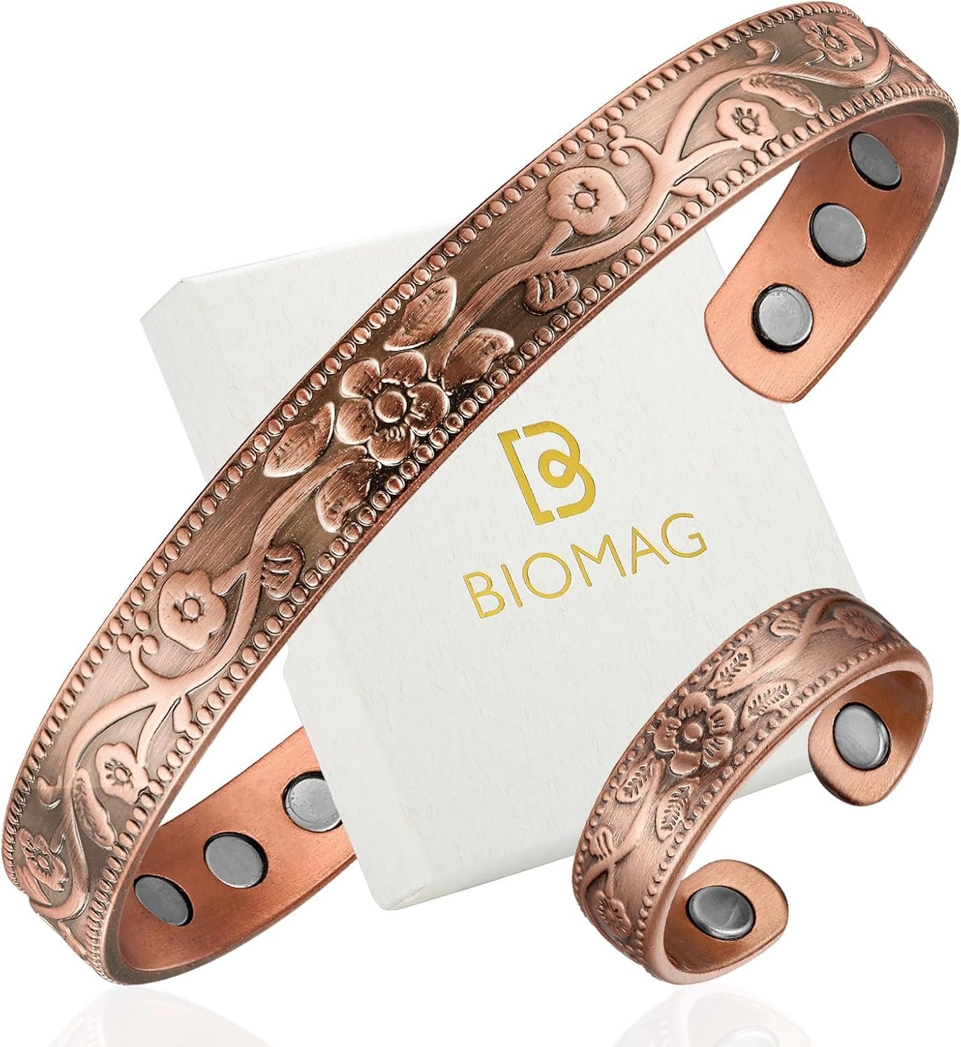 BioMag Copper Bracelet & Ring for Women, 99.99% Pure Copper Magnetic Bracelet Lymphatic Drainage Rings with 3500 Gauss Magnets, Adjustable & Flower Pattern