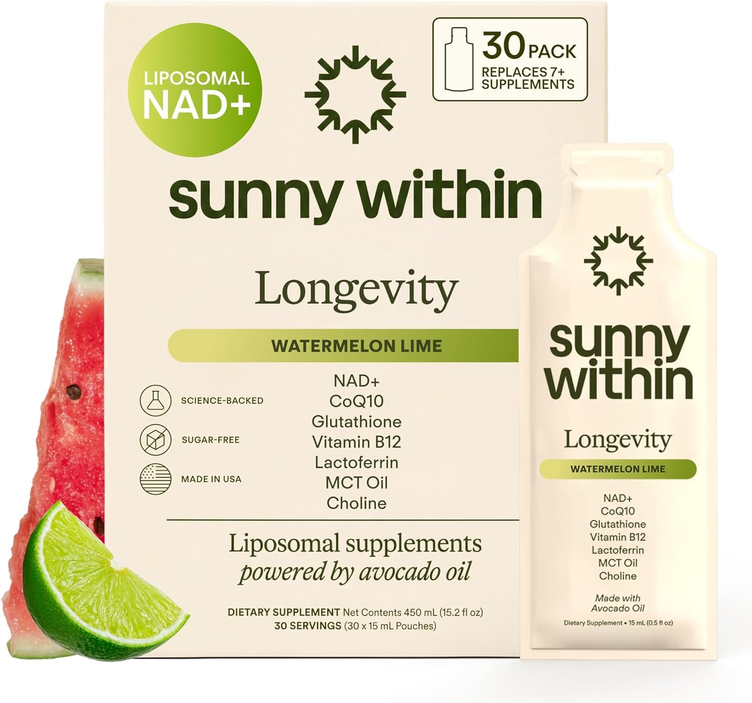 Liposomal Glutathione Supplement CoQ10, MCT, NAD+ Longevity Mix w/Liquid NAD+, B12, Avocado Oil – Cellular Health, Energy, Brain, Gut & Heart Support* – Watermelon Lime – 30 Pouches