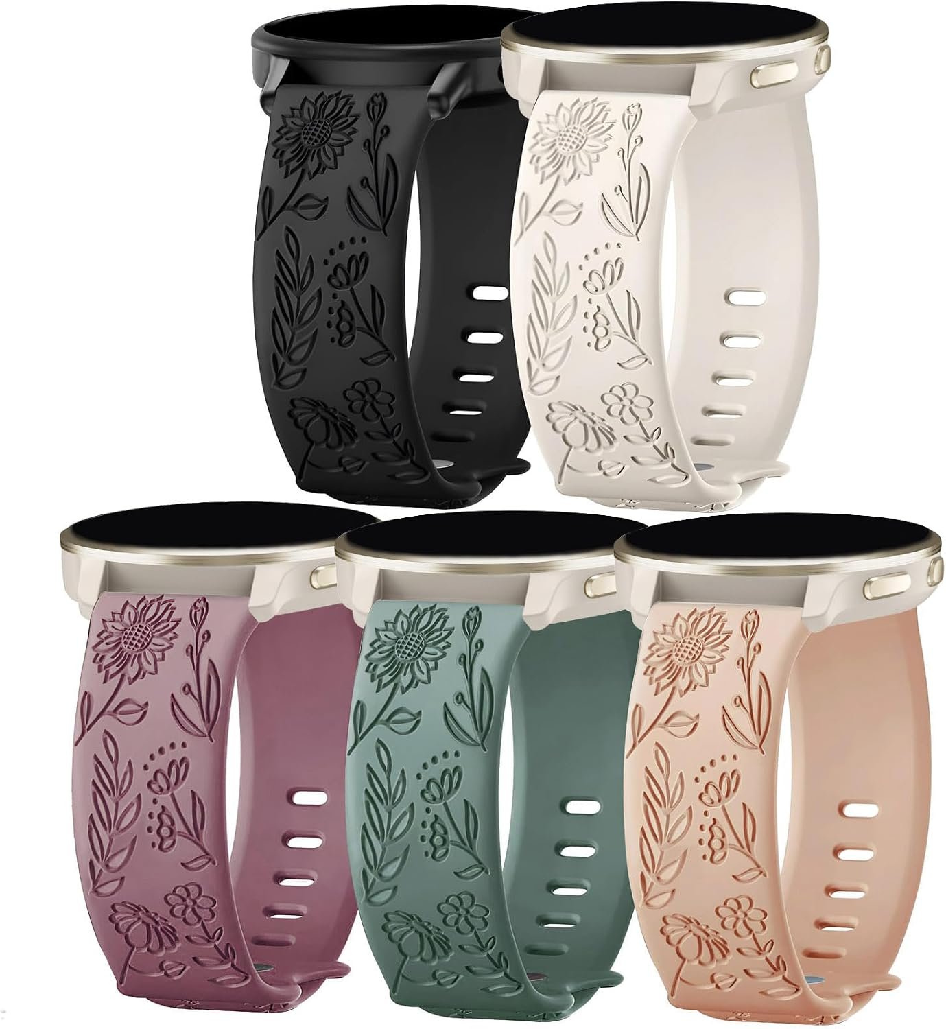 5 Pack Floral Engraved 18mm Watch Bands Compatible with Garmin Venu 3S /2S / Venu 4 41mm /Vivoactive 4S /Vivomove 3S, Soft Silicone Sport Straps for Garmin Forerunner 255s/265S Women