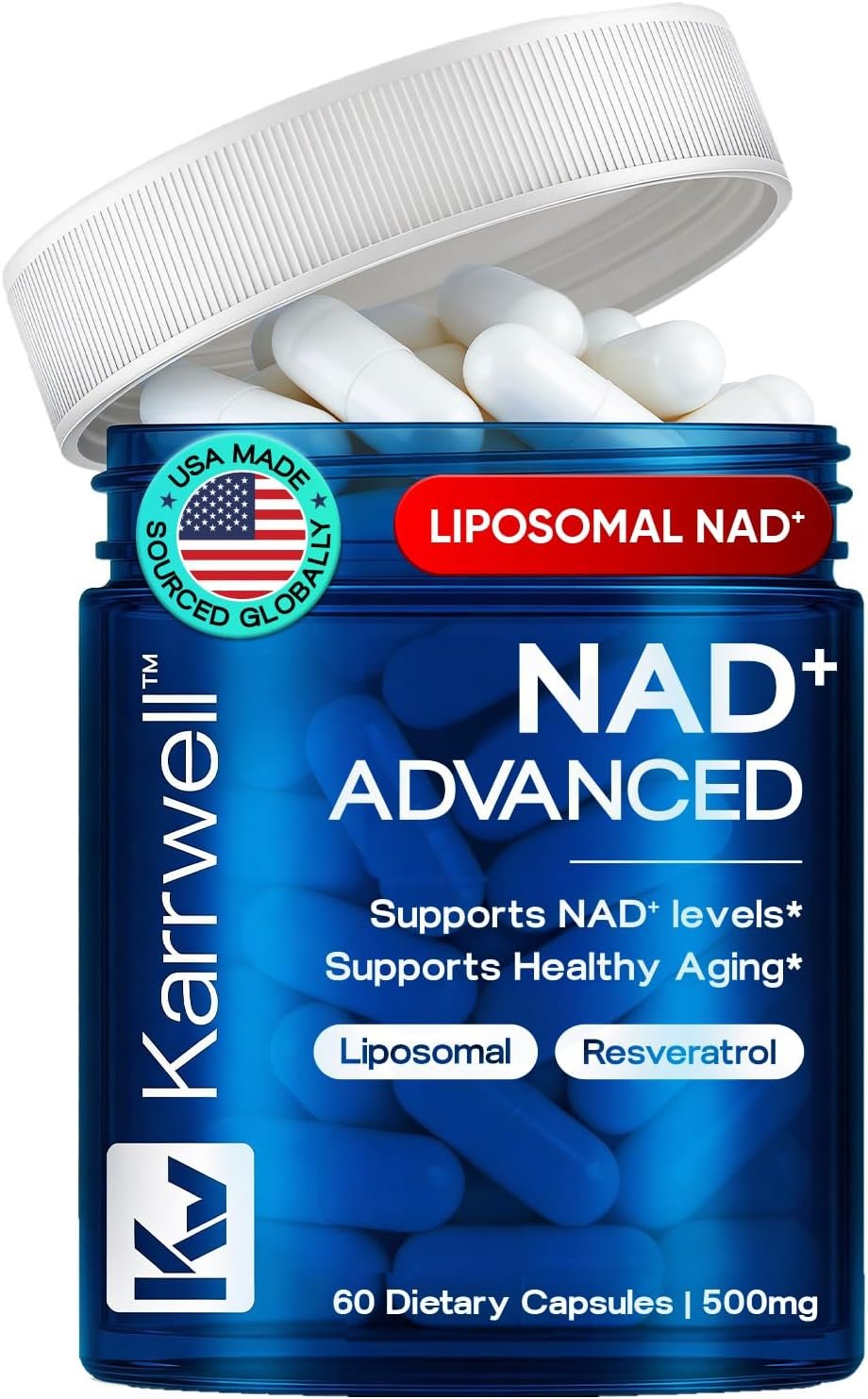 Liposomal NAD+ Supplement 500mg with Resveratrol – NAD Plus Capsules for Cellular Energy, Mitochondrial Support & Healthy Aging – NMN Alternative, Non-GMO, Vegan – 60 Capsules (30 Day Supply)