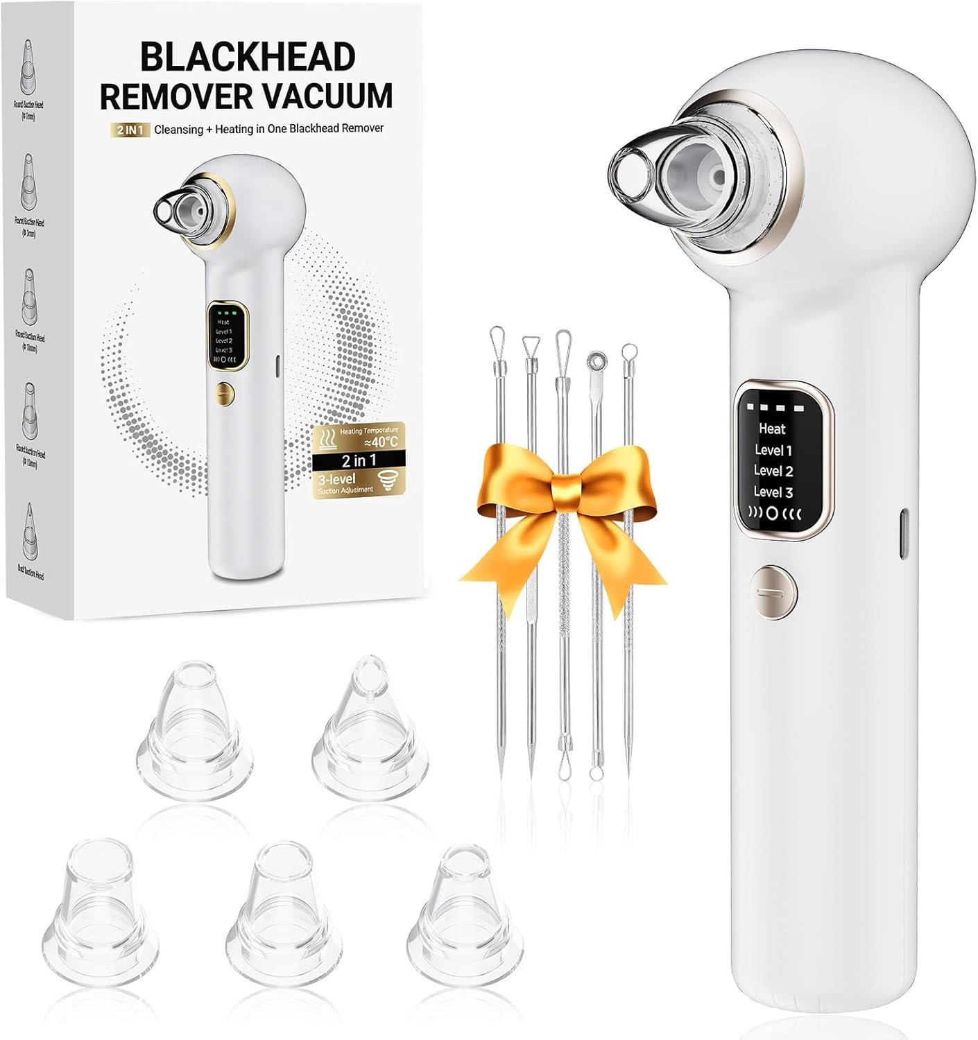 Blackhead Remover Pore Vacuum with Heating – Blackhead Extractor with 3 Adjustable Suction Levels, 5 Probes – Blackhead Remover Tools for Women & Men (White)