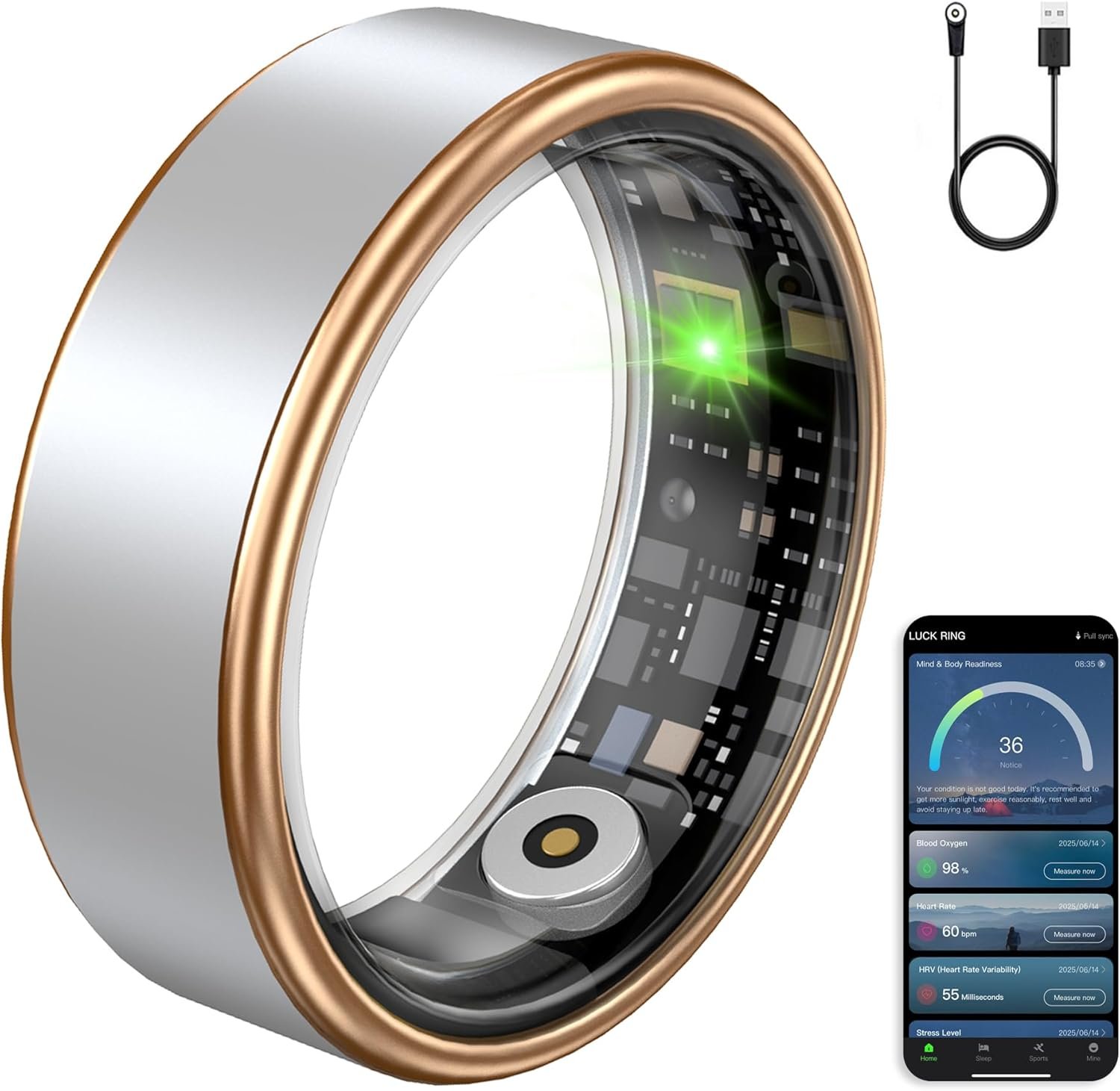 Smart Ring Fitness Tracker Ring for Women & Men, Sleep/Step/Blood Oxygen/Heart Rate Monitor, Long-Lasting Battery Sleep Ring, No Subscription Fee, Compatible with Android & iOS (Matte Silver, 6)