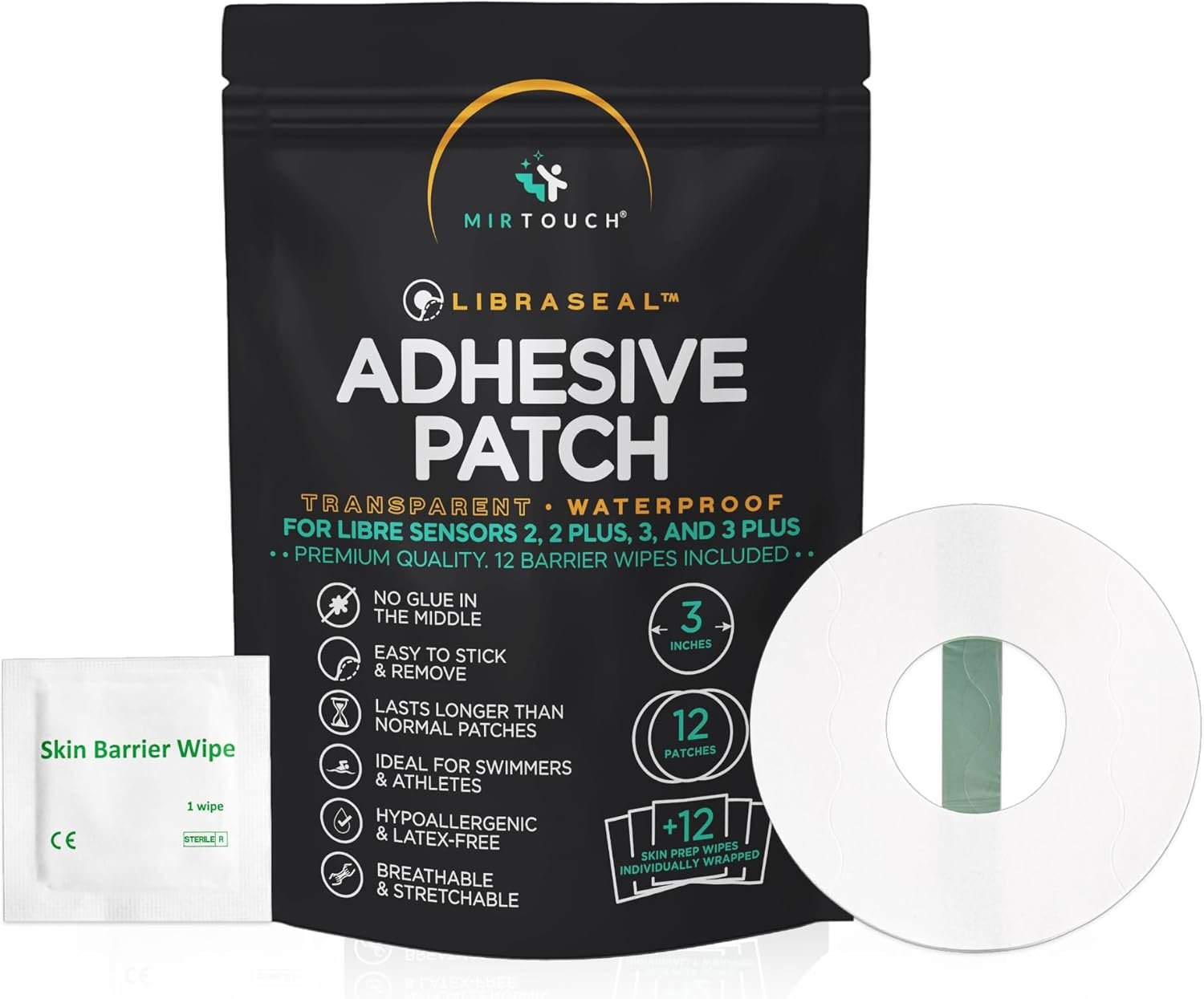 MirTouch Transparent Waterproof CGM Sensor Patches for Freestyle Libre 1, 2, 3 & Plus – No Glue in Center – 12 Adhesive Patches Plus 12 Skin Prep Wipes – Hypoallergenic Glucose Monitor Patch Set