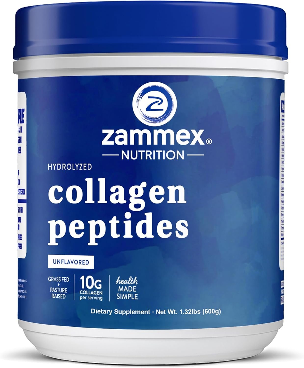 Zammex Grass Fed Collagen Peptides Type 1 & 3 Unflavored, Peptide Rich Keto Protein for Coffee & Drink Mix, Hair Skin Nails Support, Hydrolyzed Supplement Powder for Men & Women, 1.31 LBS (600 g)