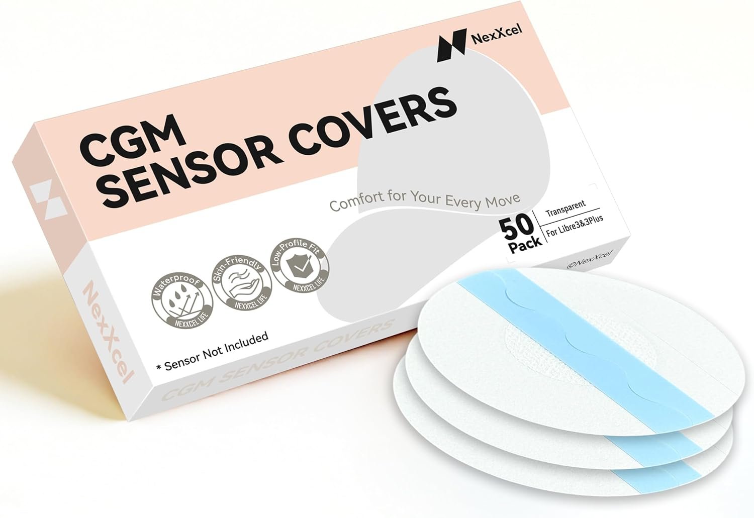 NeXxcel 50 Pack Sensor Covers for Freestyle Libre 3 & 3 Plus, Waterproof Adhesive Patches with No-Glue Center, Ultra-Thin Clear Film for Swimming, Shower & Workout