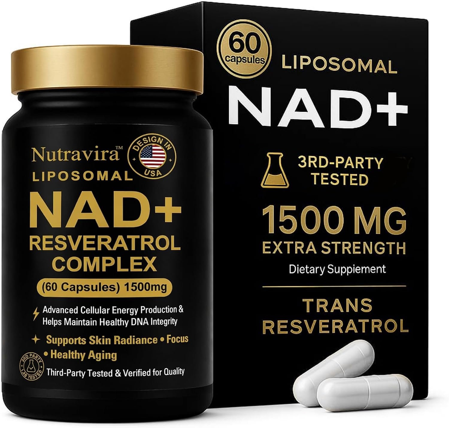Liposomal NAD+ Resveratrol Complex, 1500mg NAD Supplement for Women and Men with Hyaluronic Acid and Black Pepper Extract, Cellular Energy Support, High Absorption Liposomal Technology, 60 Capsules