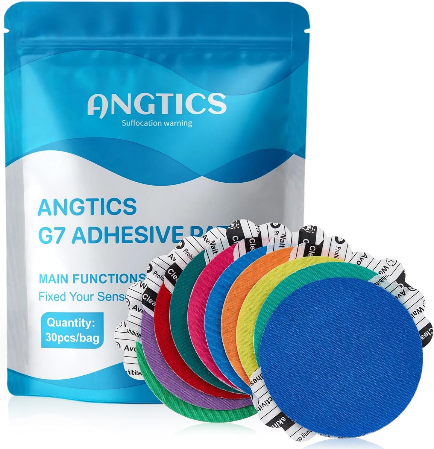 ANGTICS Dexcom G7 Adhesive Patches 30PCS, Waterproof & High Viscosity Over Patches, Pre-Cut Adhesive Medical Tape, 10+ Days Long Stay, Breathable, Latex-Free, Sensor is NOT Included (Multicolor)