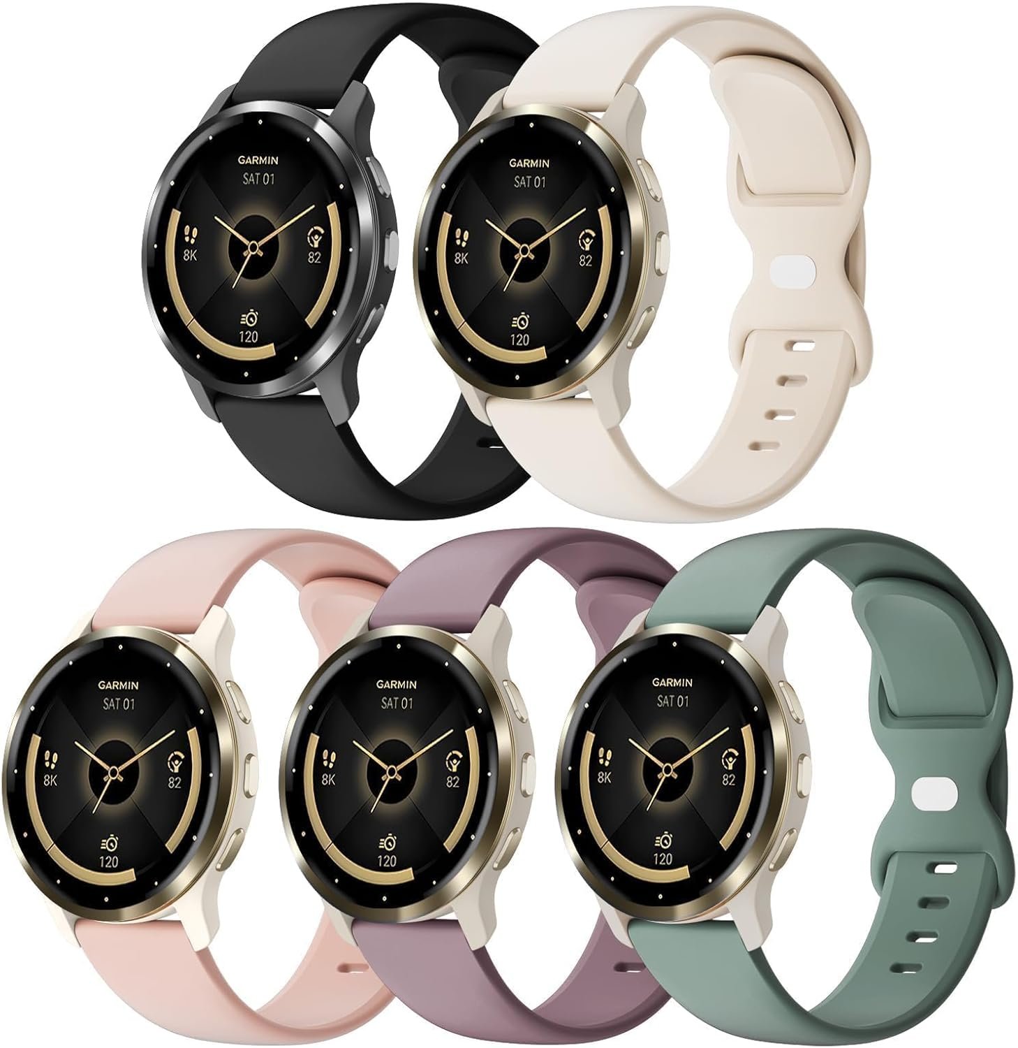 5 Pack 18mm Silicone Watch Band Compatible with Garmin Vivoactive 4S/Vivomove 3S/Venu 3S 41mm/Venu 4 41mm/Venu 2S/Forerunner 255S/265S, Quick Release Soft Sport Straps for Women Men
