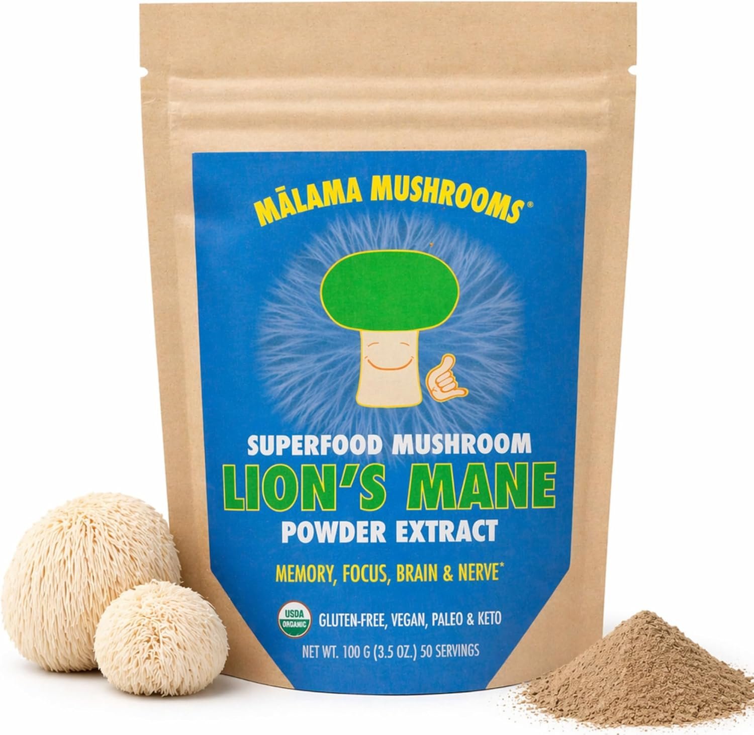 Lion’s Mane Extract Powder by Malama, Organic Fruiting Body Lions Mane Mushroom Powder, Superfood Adaptogenic, Supports Memory, Focus, Brain, & Nerves