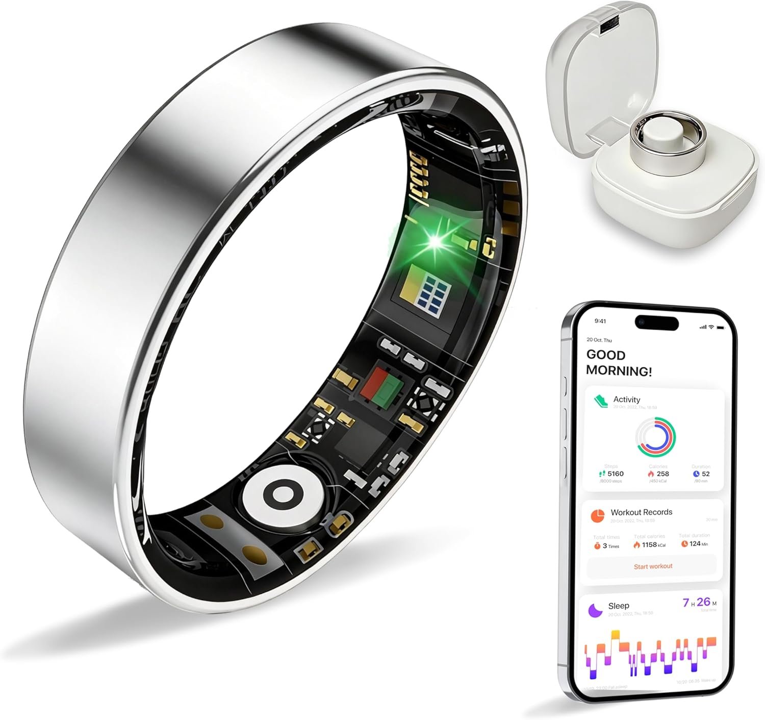 Smart Ring Health Tracker， Sleep/Exercise Monitoring, iOS/Android, IP68 Waterproof, No Subscription, 5-Day Battery for Women & Men (White, 8)