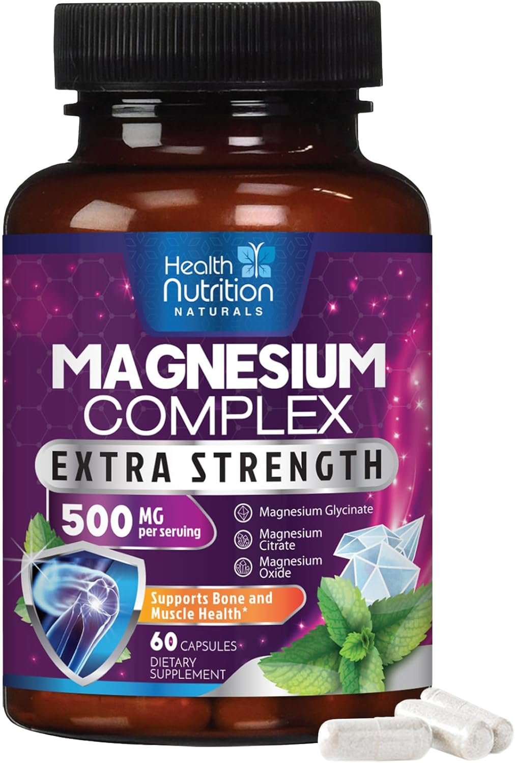 Magnesium Complex 500mg per Serving – Max Absorption Magnesium Powder Capsules for Muscle, Nerve, Bone and Heart Health Support, High Absorption Citrate Complex, Gluten Free, Non-GMO – 60 Capsules
