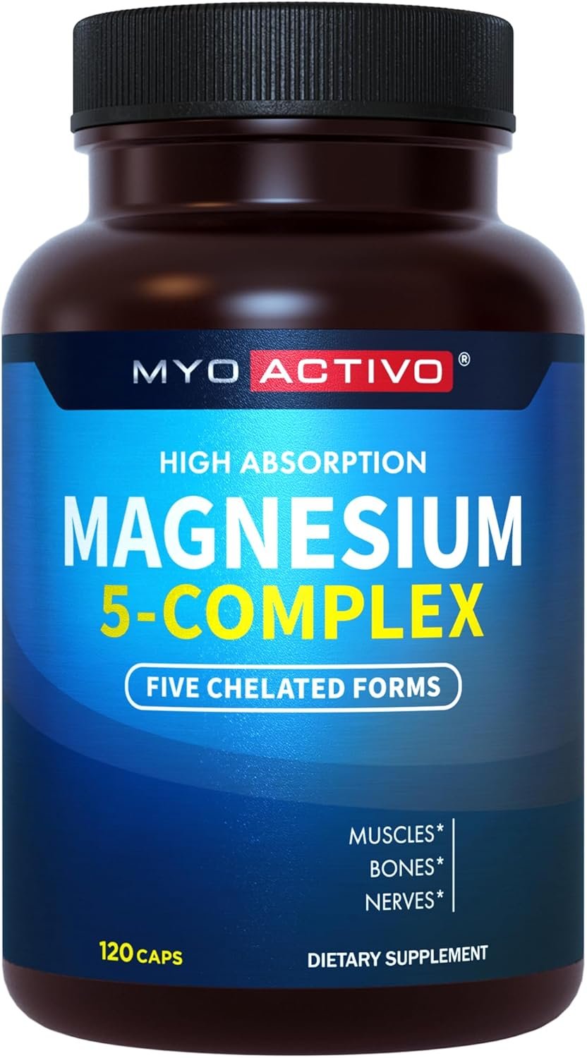 MyoActivo 5-in-1 Magnesium Complex – High Absorption – Chelated Magnesium Glycinate, Malate, Citrate, Taurate, & Aspartate for Nerves, Muscles, Bones | 120 Capsules | Magnesium Supplement