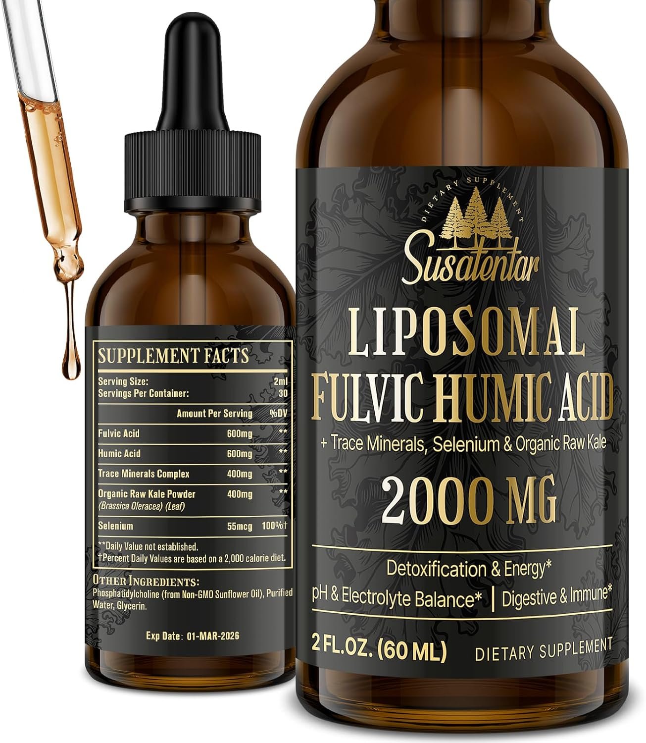 2000 MG Liposomal Fulvic Acid + Humic Acid + Trace Minerals Complex – More Potent Than Shilajit, Electrolytes Liquid Supplement with Organic Kale for Energy, Digestion, Immunity & pH Balance, 2 Oz
