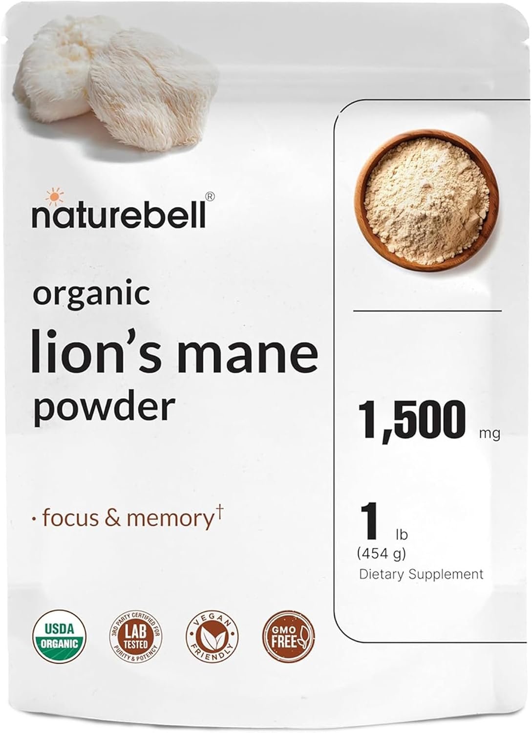 NatureBell Organic Lion’s Mane Powder 1,500mg – 1 lb – Brain, Focus & Memory Support* – Whole Fruiting Body & Mycelium – Non-GMO & Gluten-Free