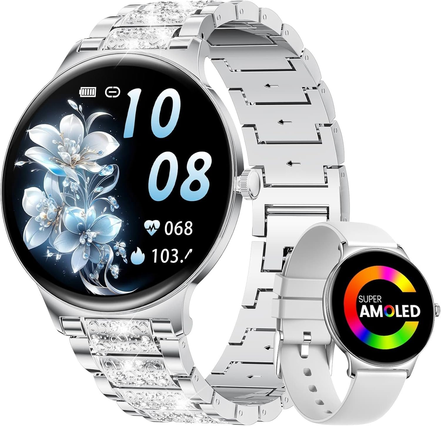LIGE Ultra-Thin Smart Watch for Women,1.43″ Always-on Display Smart Watch with Bluetooth Call,Health Tracker 100+ Sports Modes, Mutifuction Women Smartwatch for Android iOS 2 Straps(Silver)