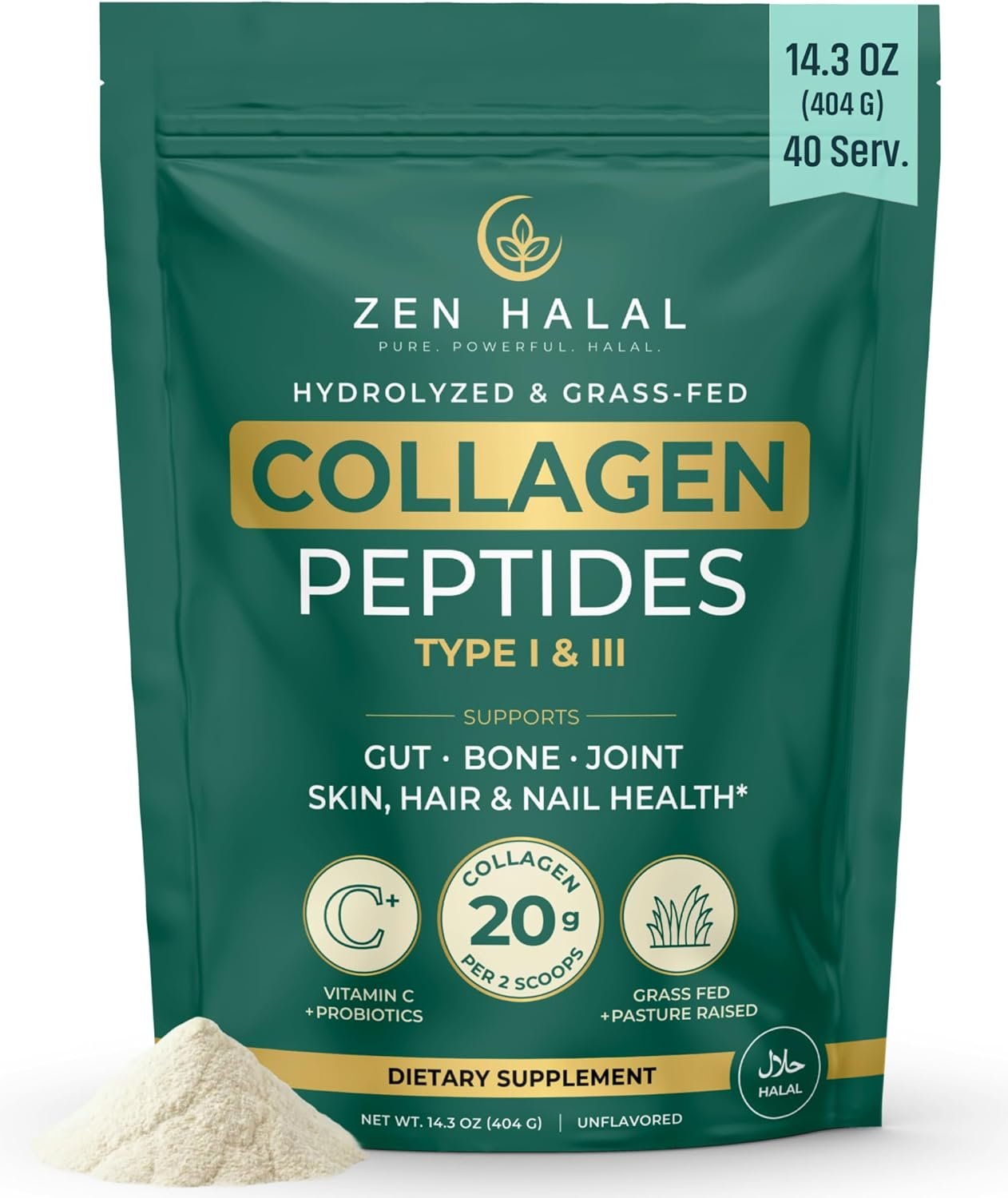 Collagen Powder with Vitamin C & Probiotic (18g Protein) Pure Grass Fed Halal Collagen Peptides for Women – Unflavored & Hydrolyzed Bovine Type I & III for Skin, Hair, Nails, Joints and Gut