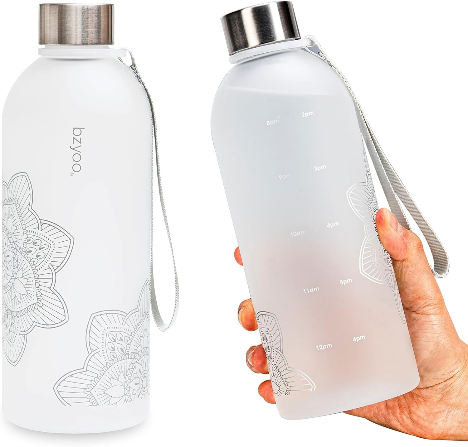 bzyoo 32 OZ 1 Liter Time Marker Water Bottle Frosted Durable Plastic With Strap – Reusable Clear Bottle With Times To Drink Time Markings For Daily Hydration Intake BPA Free (Silver)