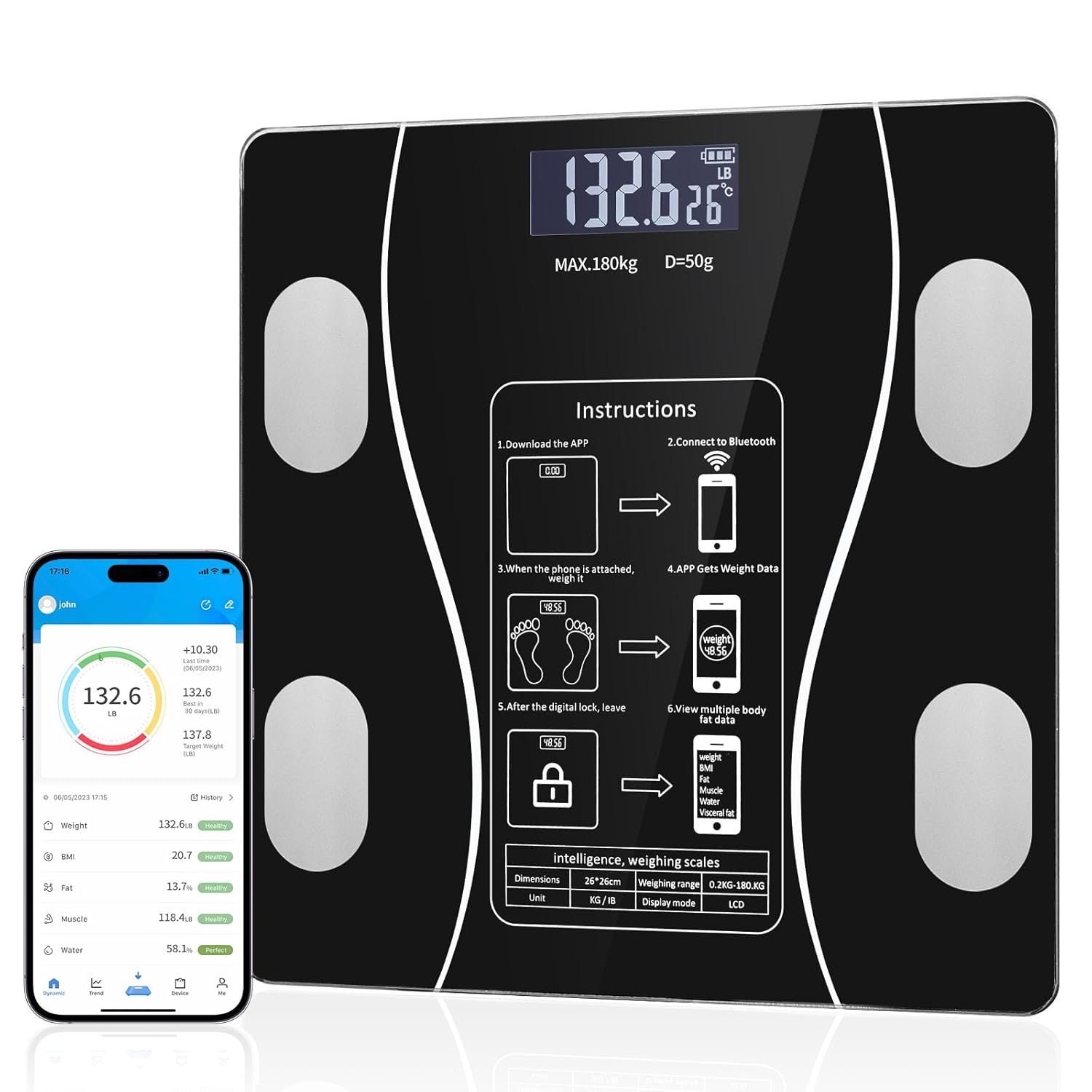 Smart Body Fat Scale with Led Display – Digital Bathroom Scale with Bluetooth, Accurate Body Composition Measurement, Muscle Mass, BMI, and Body Water Analysis