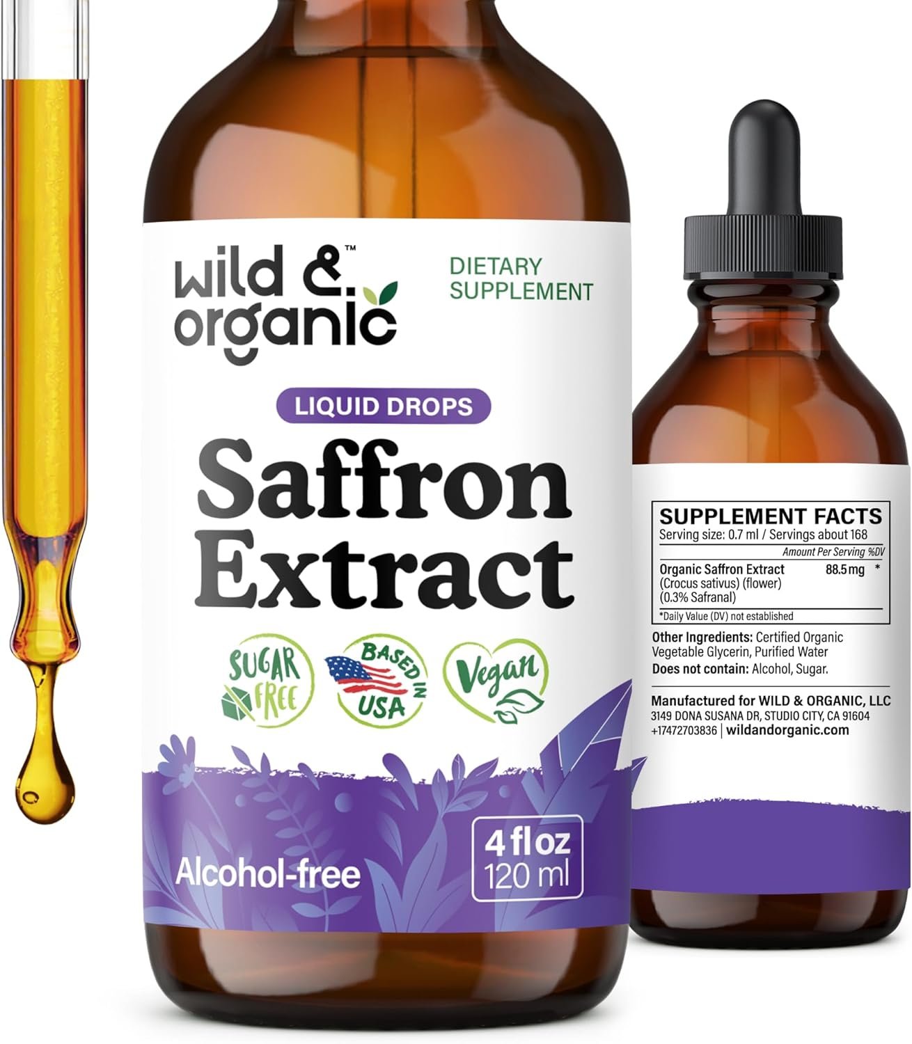 Wild & Organic Saffron Supplements 88.5 mg – Mood, Focus & Eye Support – Saffron Extract Liquid Drops – Add to Tea – 5-Month Supply – Crocus Sativus Herb – Vegan, Sugar & Alcohol-Free Tincture – 4 oz