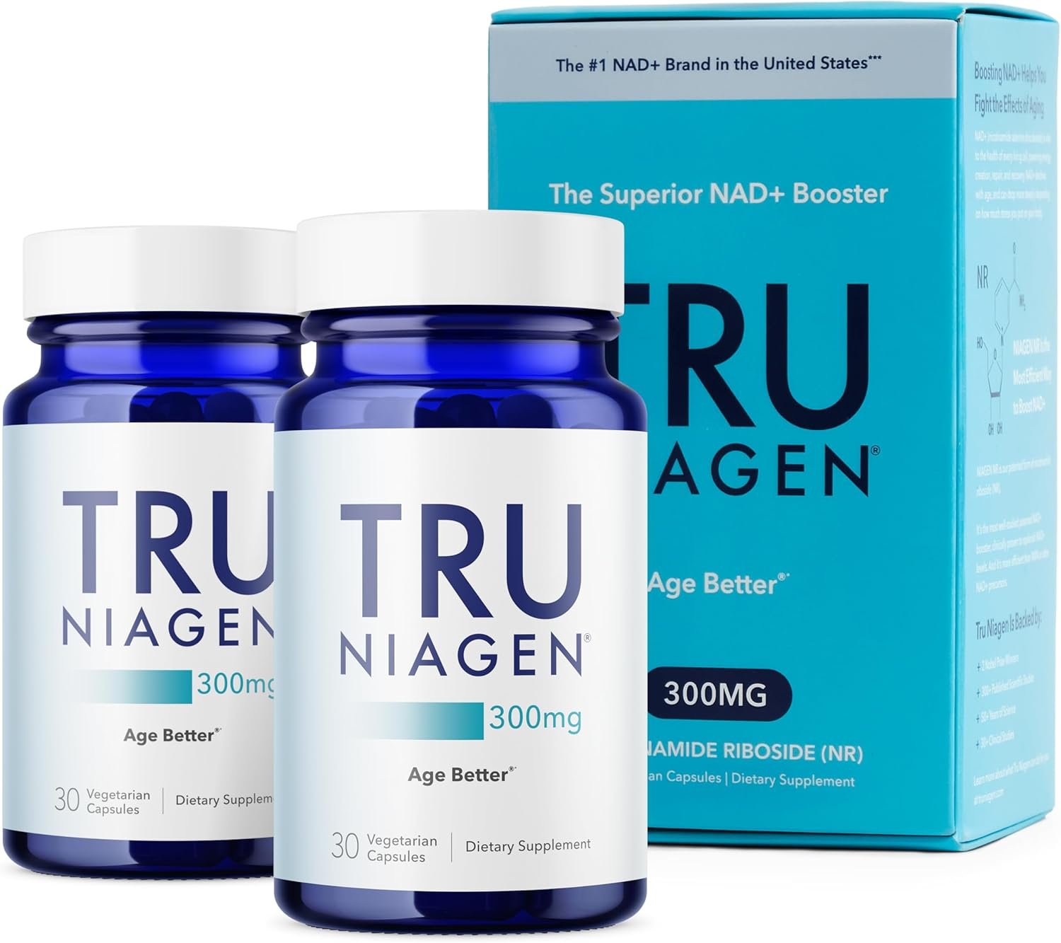 TRU NIAGEN Patented NAD+ Supplement, 300mg Niagen, 30 Servings | Nicotinamide Riboside (NR) Take 1 Daily | 2 Bottles