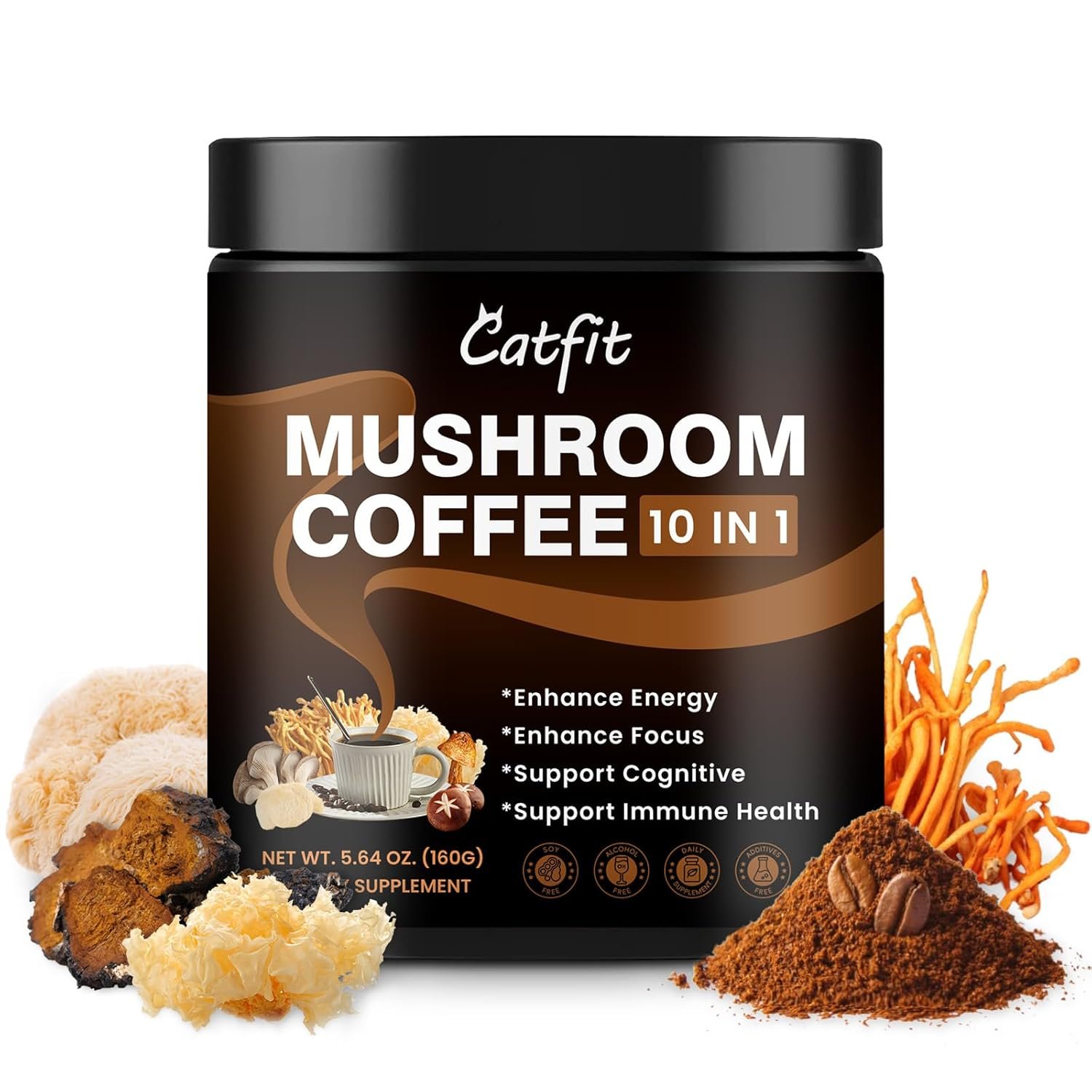 Catfit Instant Mushroom Coffee Powder, 10-in-1 Adaptogen Blend with Lion’s Mane, Chaga & Cordyceps for Energy, Focus, Gut Health & Immune Support – 160g, 50 Servings