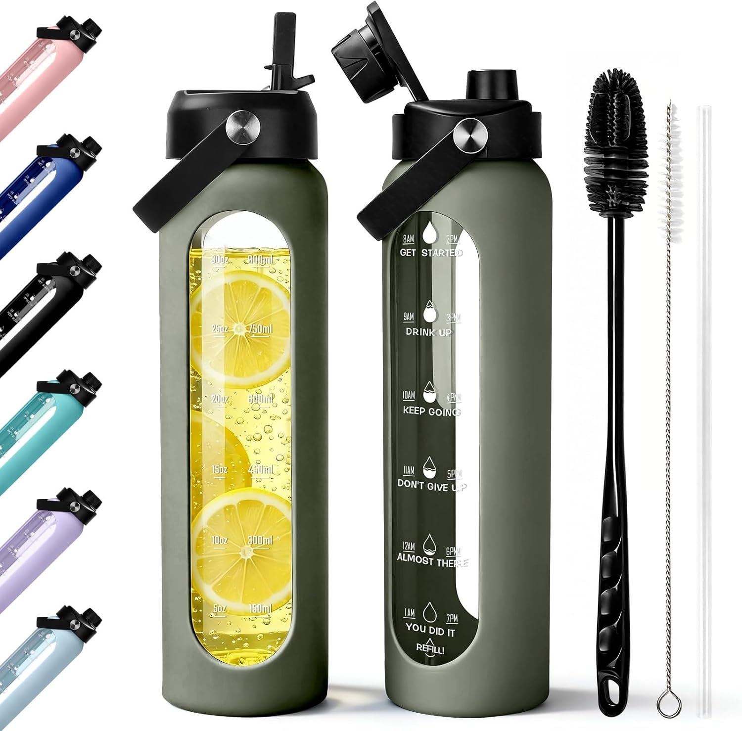 Aqulea 32 oz Glass Water Bottle with 2 Lids – Spout & Straw Lids, 1L Motivational Borosilicate Glass Water Bottle with Time Marker & Silicone Sleeve, Leakproof (Sage)