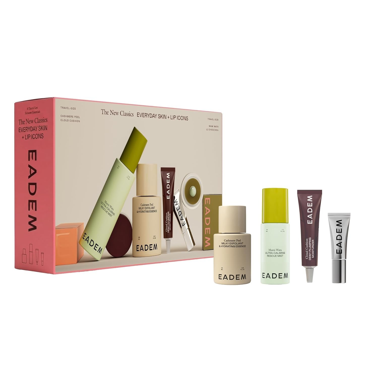EADEM The New Classics Skincare Set for Women, 4-Piece Travel Size Skin Care Kit with Exfoliating Serum, Ceramide Face Moisturizer, Calming Mist & Lip Balm, Mini Gift Set