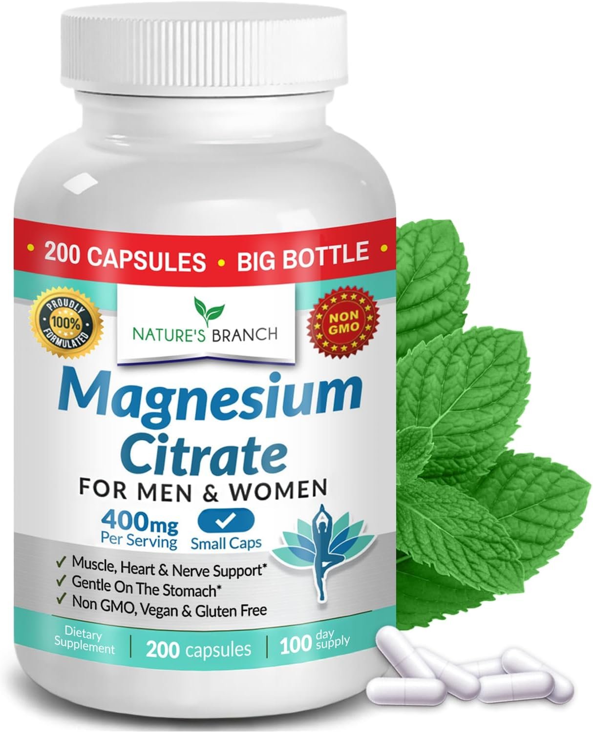 Magnesium Citrate Supplement for Sleep, Relaxation & Muscle Support – 400mg High Absorption Magnesium Capsules for Women & Men – Vegan, Non-GMO, Easy to Swallow Small Capsules – 200 Capsules