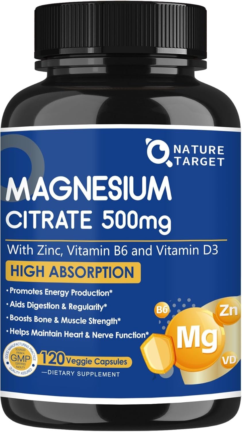 NATURE TARGET Magnesium Citrate 500mg with Zinc & Vitamin D for Muscle, Nerve, Bone & Heart Health, High Absorption Magnesium Supplement, Easy to Swallow Magnesium Capsule for Women & Men, 120 VegCaps