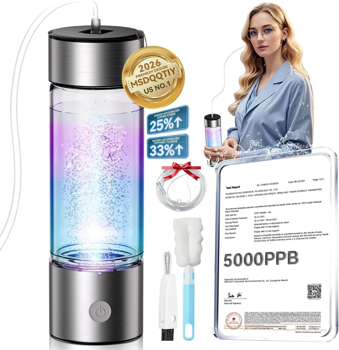5.0 Upgrade Hydrogen Water Bottle【NO.1-24-Hour Hydrogen Lock】 hydrohealth Hydrogen Water【0 Chlorine, 0 Ozone-SPE PEM Technique】 Professional Leak Prevention, Double Hydrogen Content – Silver